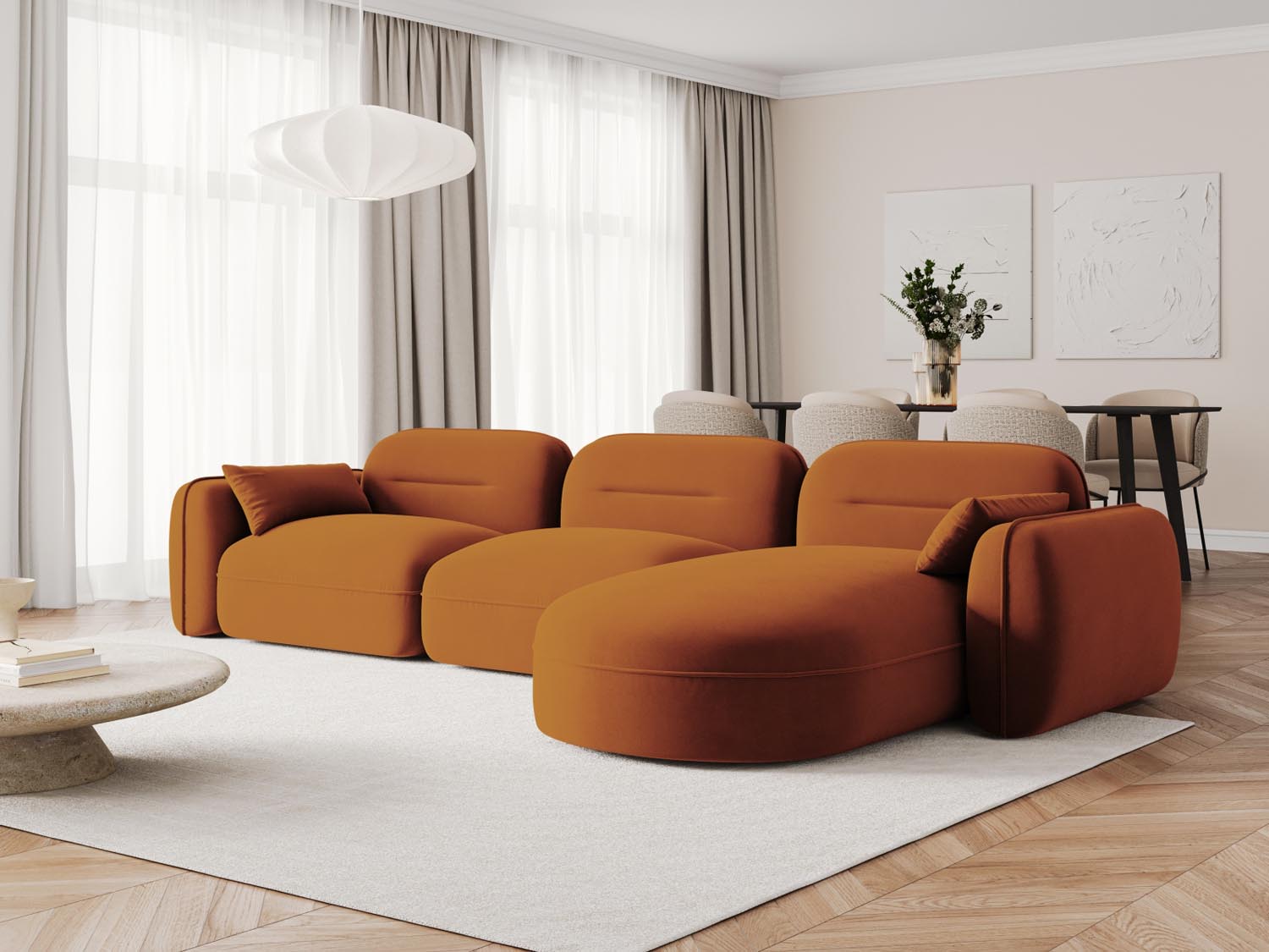 Elegantes Sydney Velour Ecksofa in warmem Terracotta, ideal für stilvolle Wohnräume. Modular und bequem, perfekt für entspannte Abende.