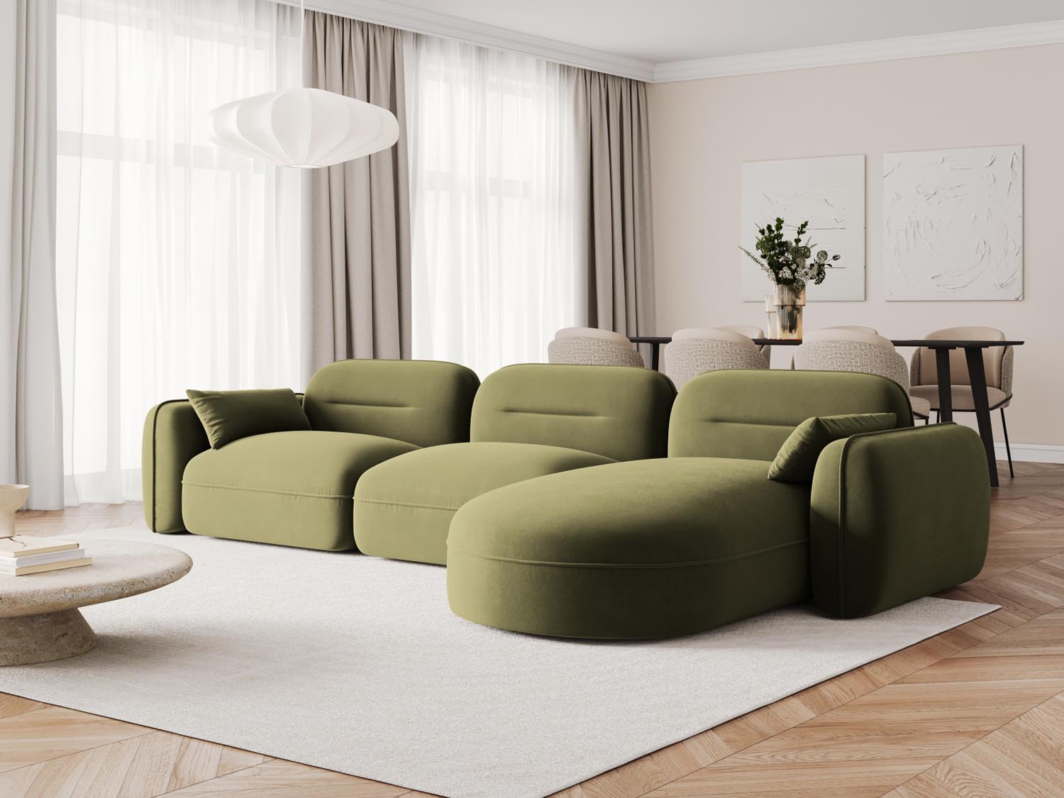 Elegantes Sydney Velour Ecksofa in sanftem Grün, ideal für stilvolle Wohnräume. Modular und bequem, perfekt für entspannte Abende.