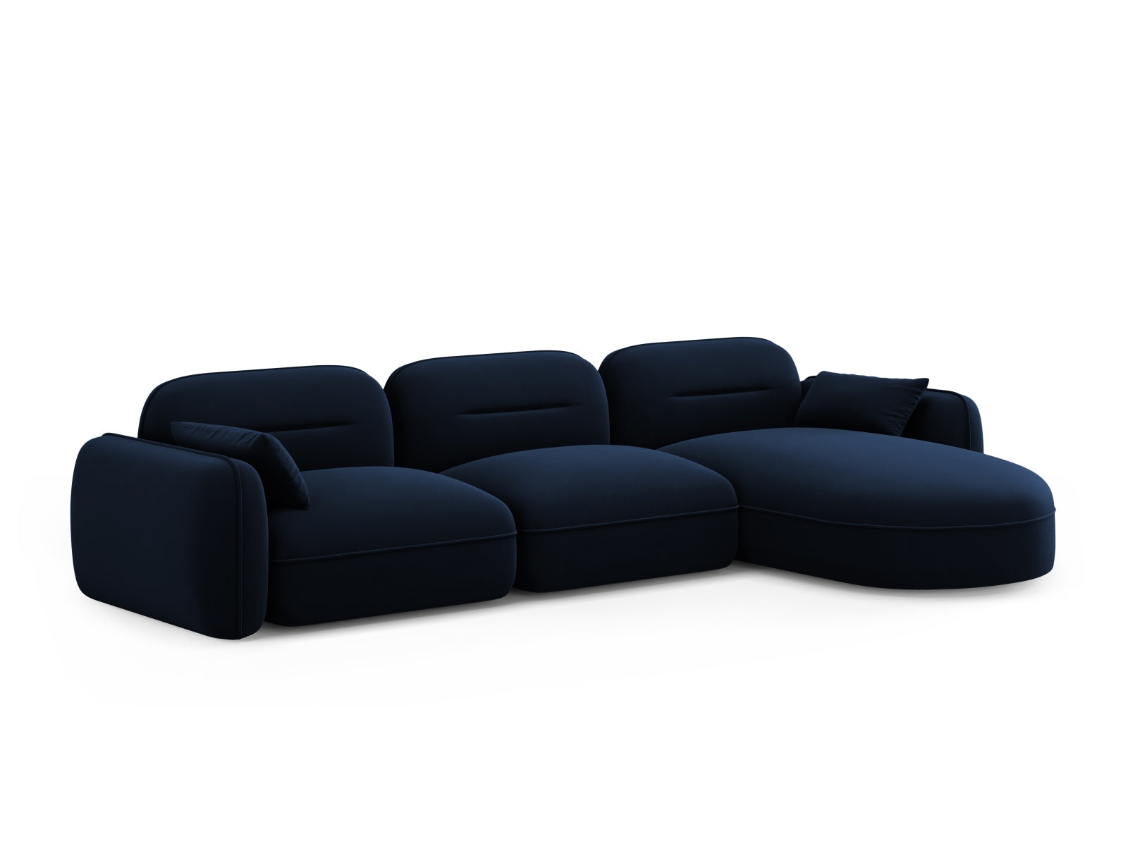 Modulares Ecksofa Sydney in royalblauem Velours, bietet Platz für vier Personen und vereint Komfort mit modernem Design für Ihr Zuhause.
