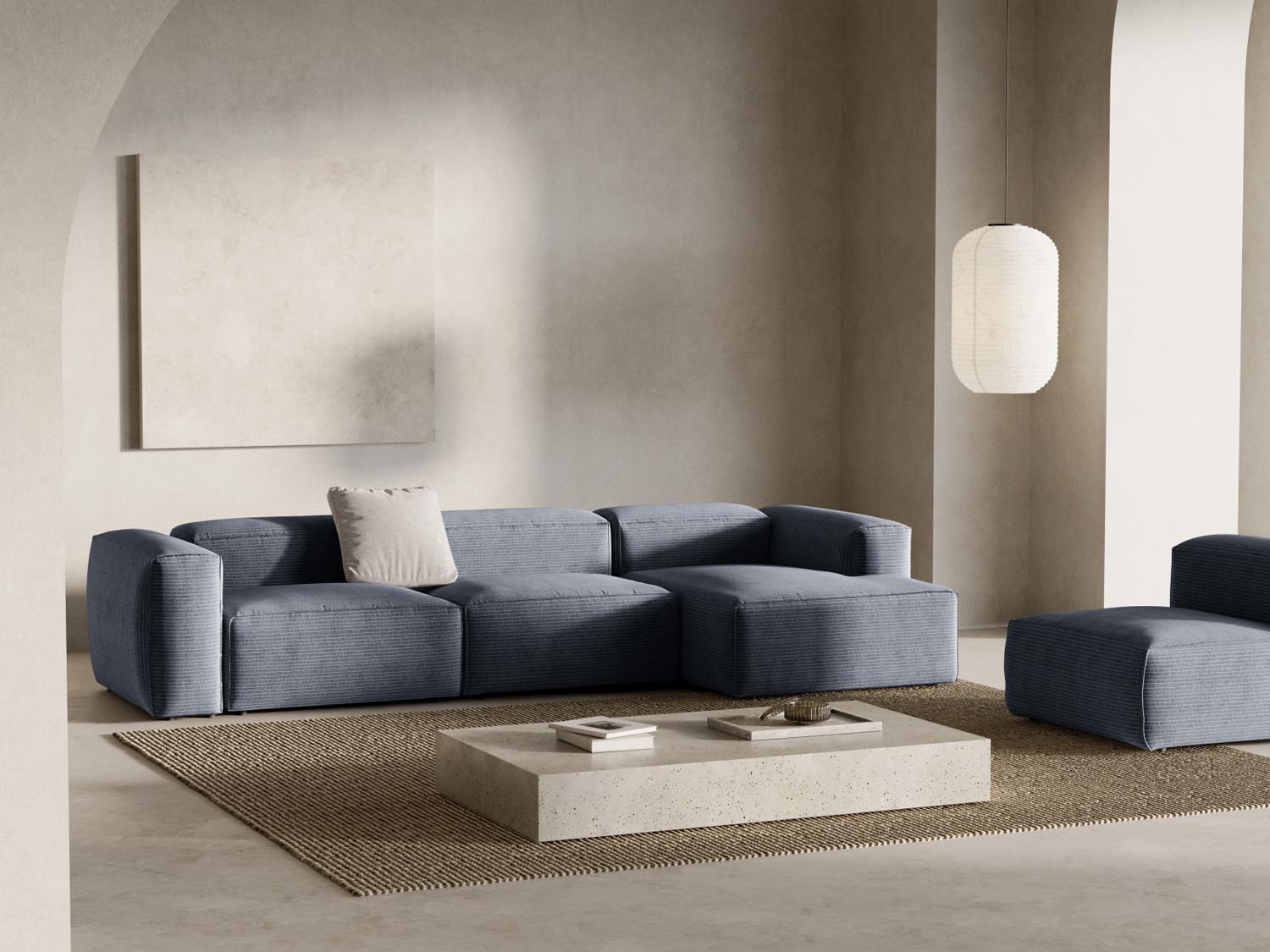 Bergamo Modular Ecksofa rechts 4 Sitzer in Muted Blue-Perla präsentiert im Onlineshop von KAQTU Design AG. Ecksofa rechts ist von Cosmopolitan Design
