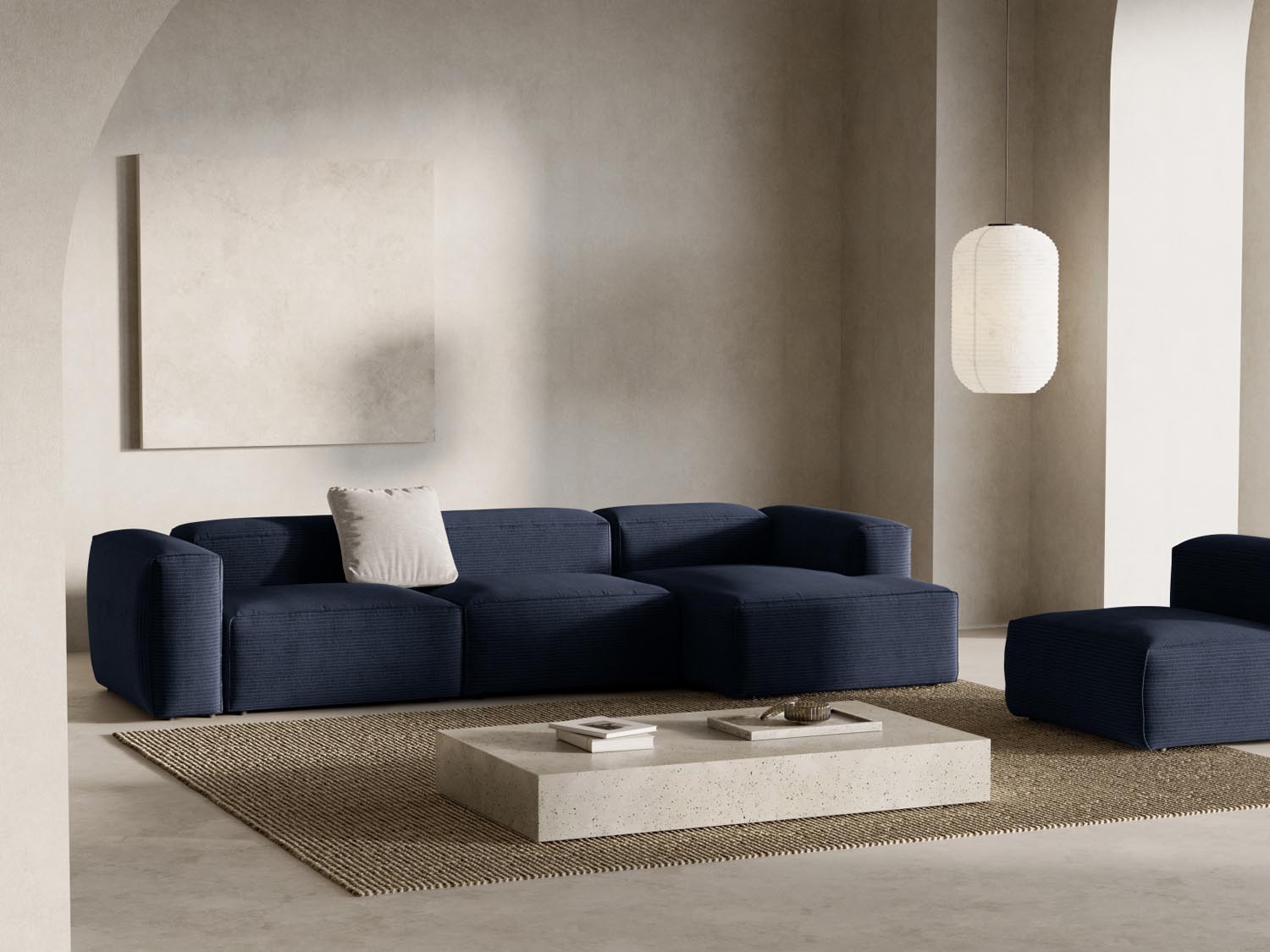 Bergamo Modular Ecksofa rechts 4 Sitzer in Navy Blue-Perla präsentiert im Onlineshop von KAQTU Design AG. Ecksofa rechts ist von Cosmopolitan Design