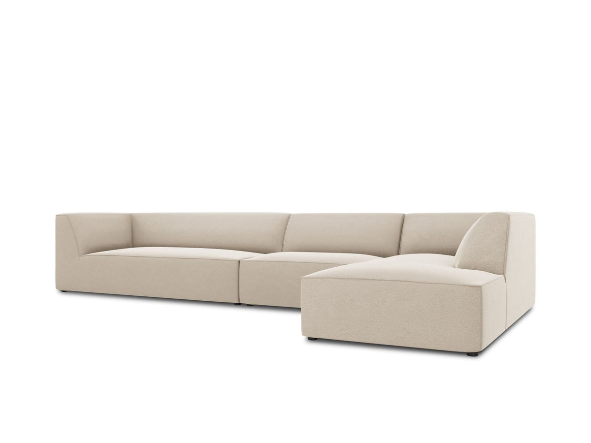 Modulares Ecksofa rechts mit Samtbezug in Beige-Salvador, Récamiere, Massivholzrahmen und schwarzen Kunststoffbeinen, 5-Sitzer Ausführung.