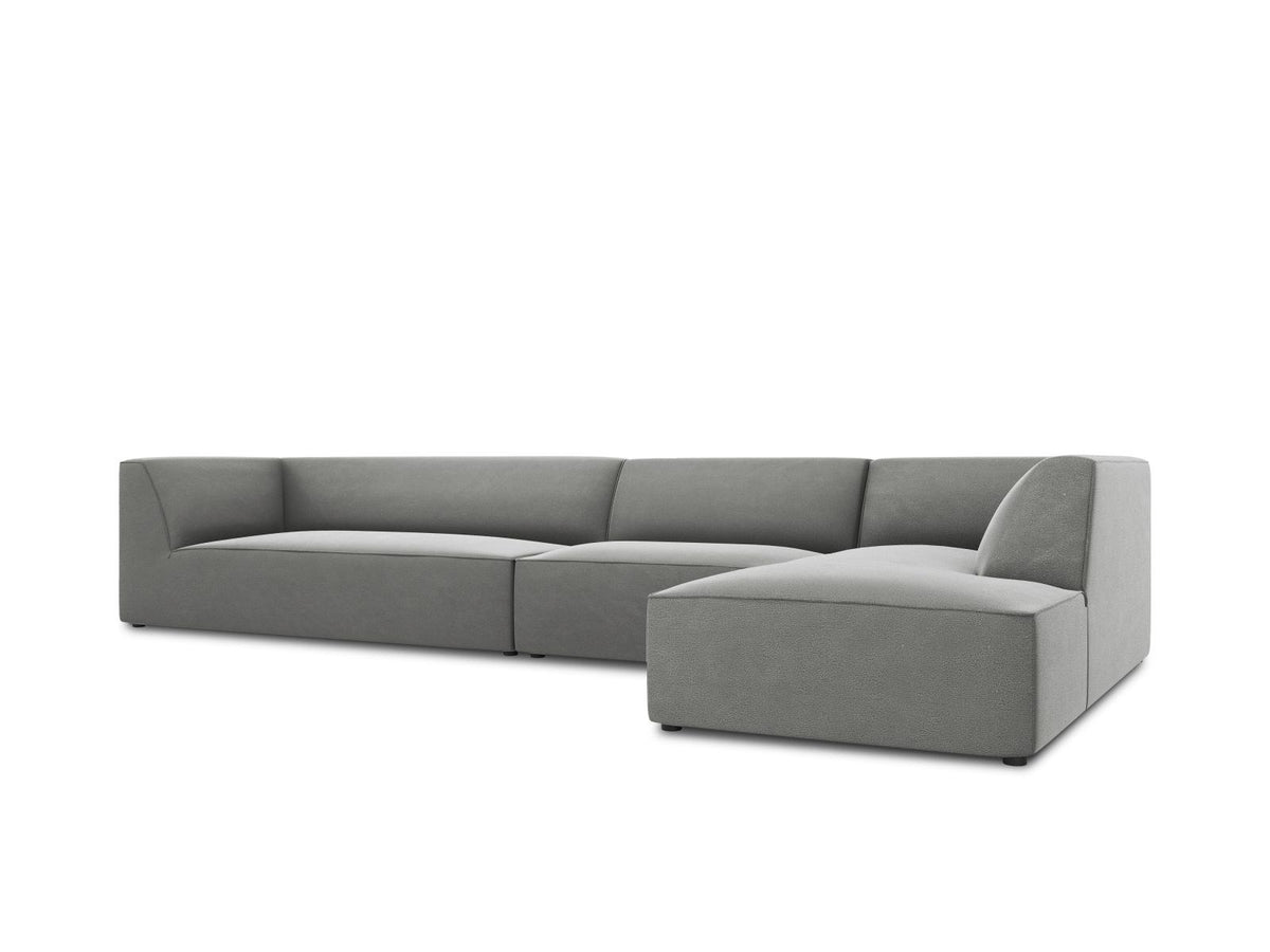 Modulares Ecksofa rechts mit Samtbezug in Beige-Salvador, Récamiere, Massivholzrahmen und schwarzen Kunststoffbeinen, 5-Sitzer Ausführung.