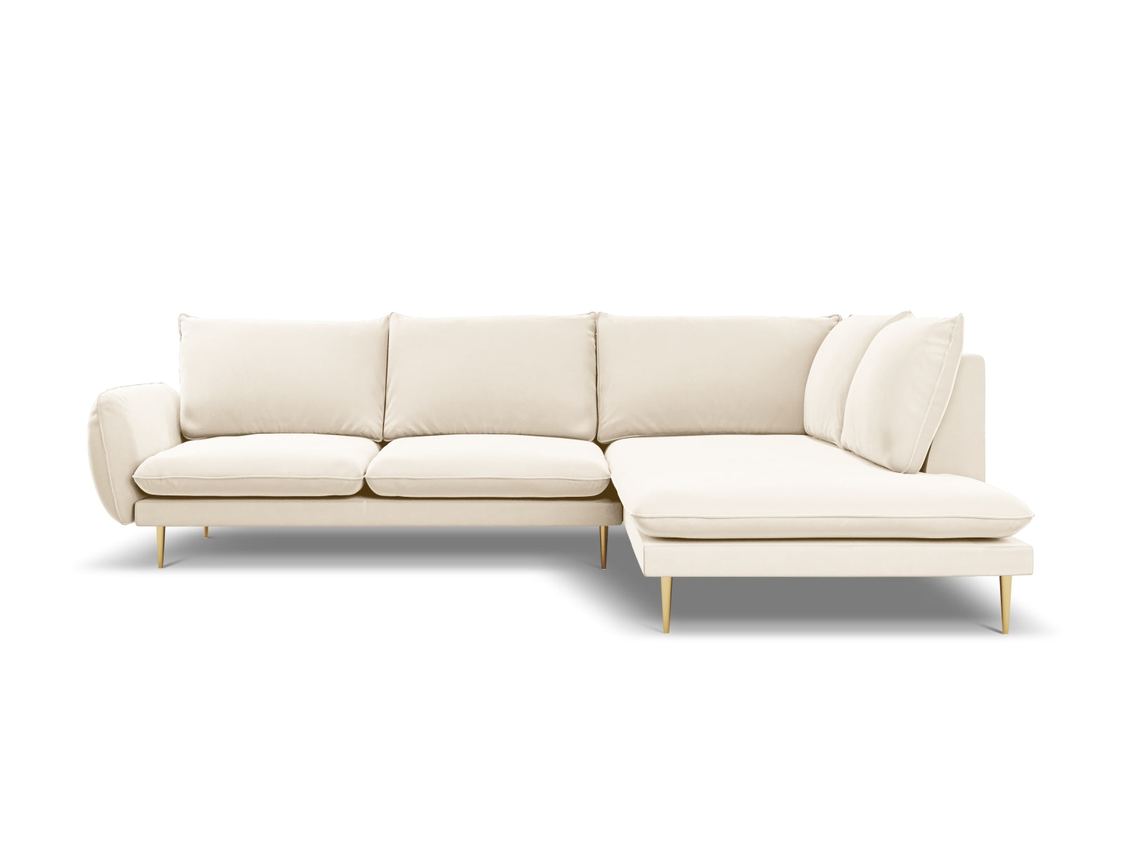Modernes Ecksofa Vienna in hellem Veloursbezug, 6-Sitzer mit 185 cm, perfekt für gemütliche und elegante Wohnbereiche.