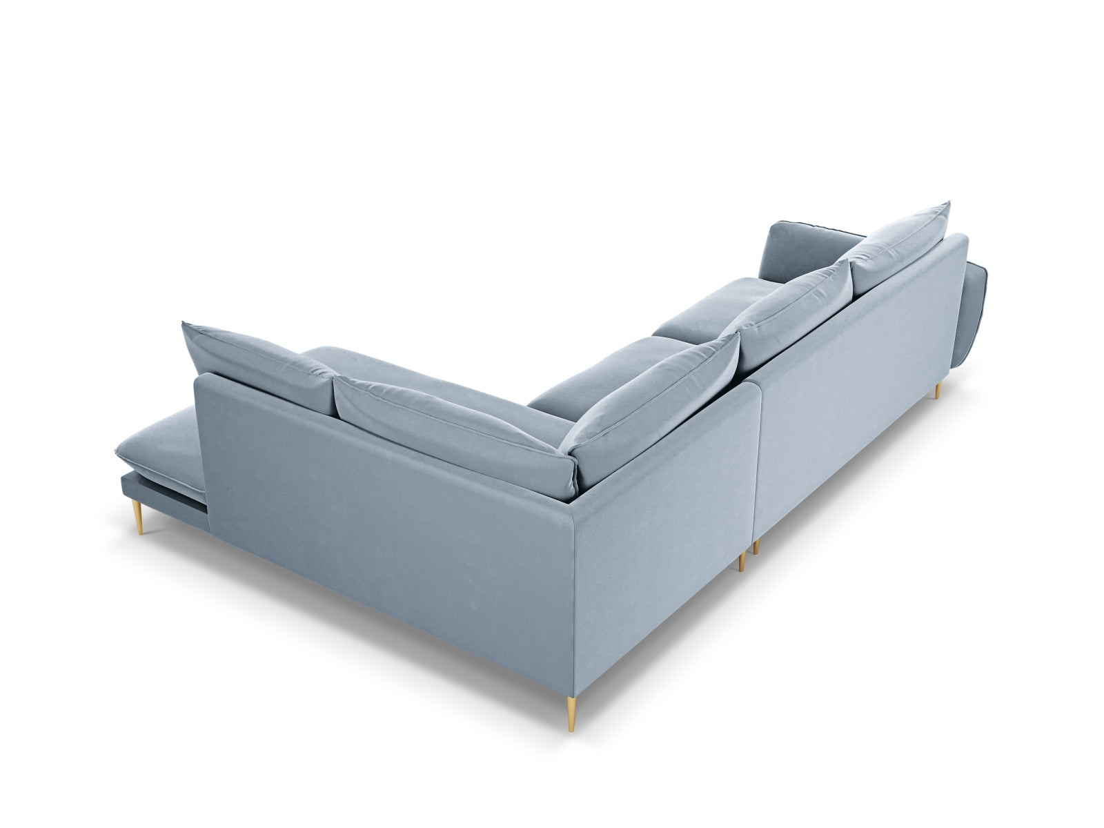 Elegantes 6-sitziges Ecksofa in zartem Hellblau, ideal für gemütliche Zusammenkünfte und geschmackvolle Wohnräume.