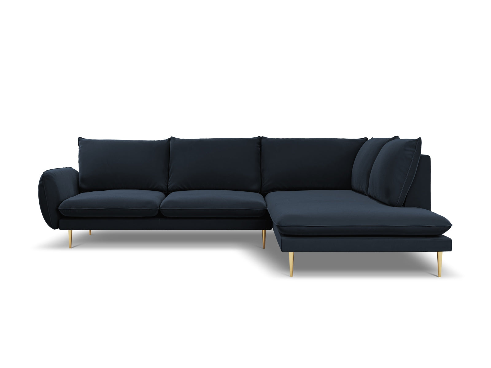 Modernes Ecksofa in Dunkelblau mit luxuriösem Velourbezug und goldenen Details, perfekt für großzügige Wohnzimmer. 6-Sitzer, 185 cm.