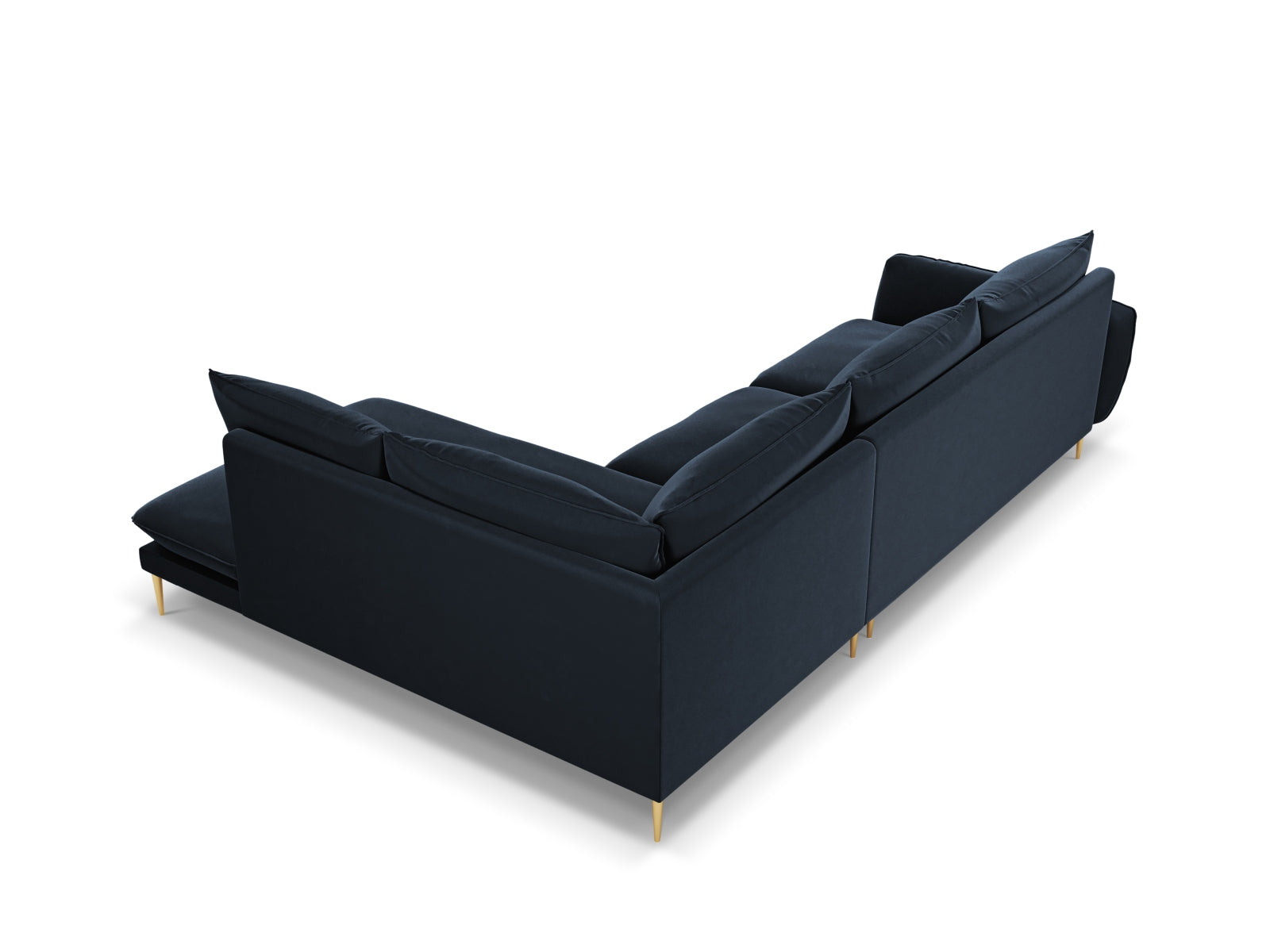 Elegantes, dunkelblaues 6-Sitzer Ecksofa mit weichem Velourbezug und stilvollen goldenen Akzenten, ideal für stilvolle Wohnräume.