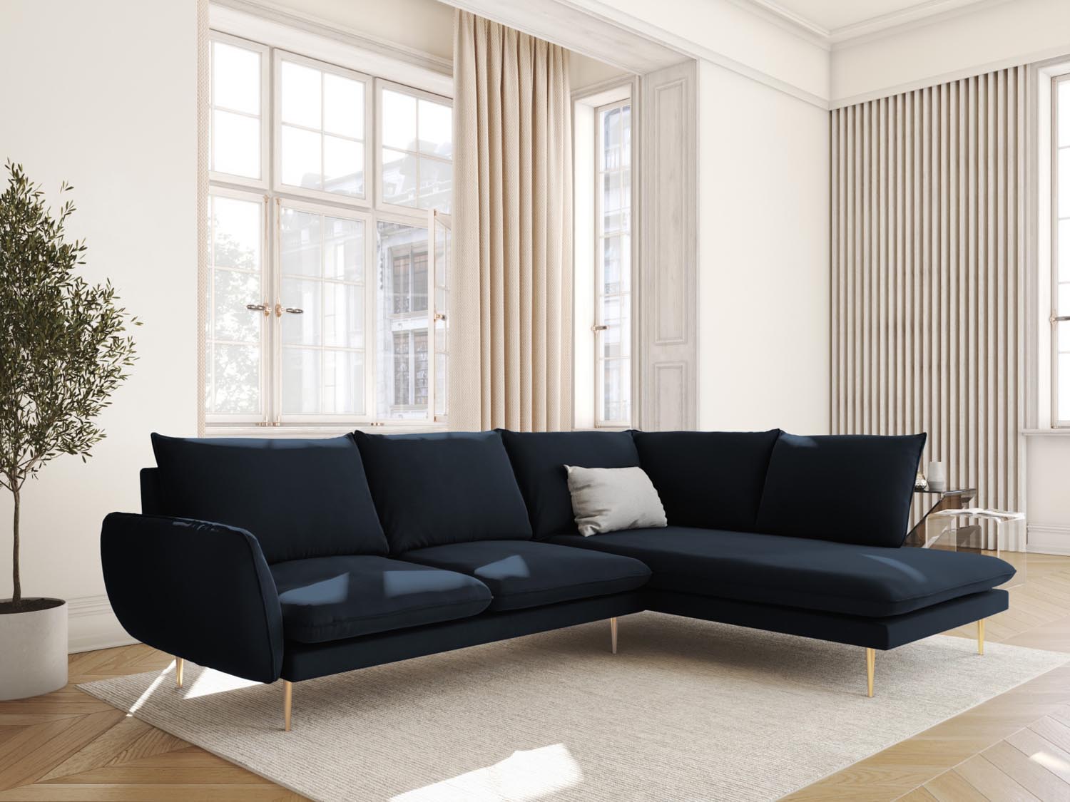 Elegantes Vienna Velour Ecksofa in Dunkelblau mit goldenen Akzenten, ideal für stilvolle Wohnräume. 6-Sitzer, 185 cm, von Cosmopolitan Design.