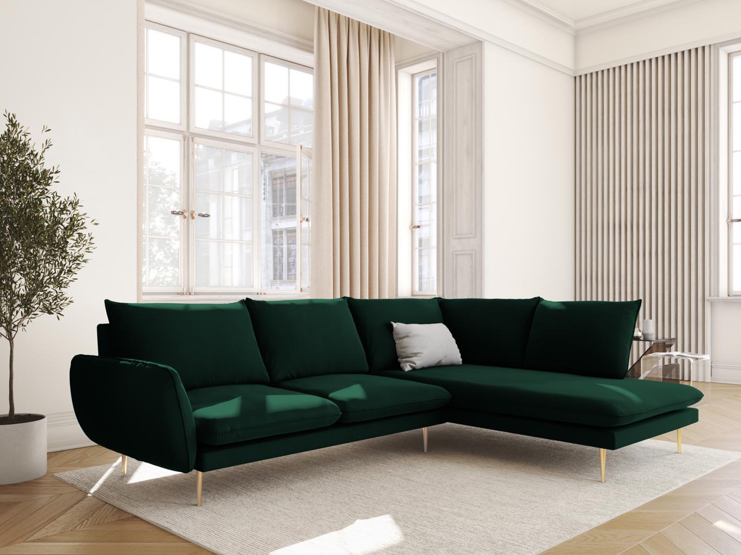Elegantes Vienna Velour Ecksofa in Bottle Green, 6-Sitzer, 185 cm, ideal für stilvolle Wohnräume, präsentiert von Cosmopolitan Design.