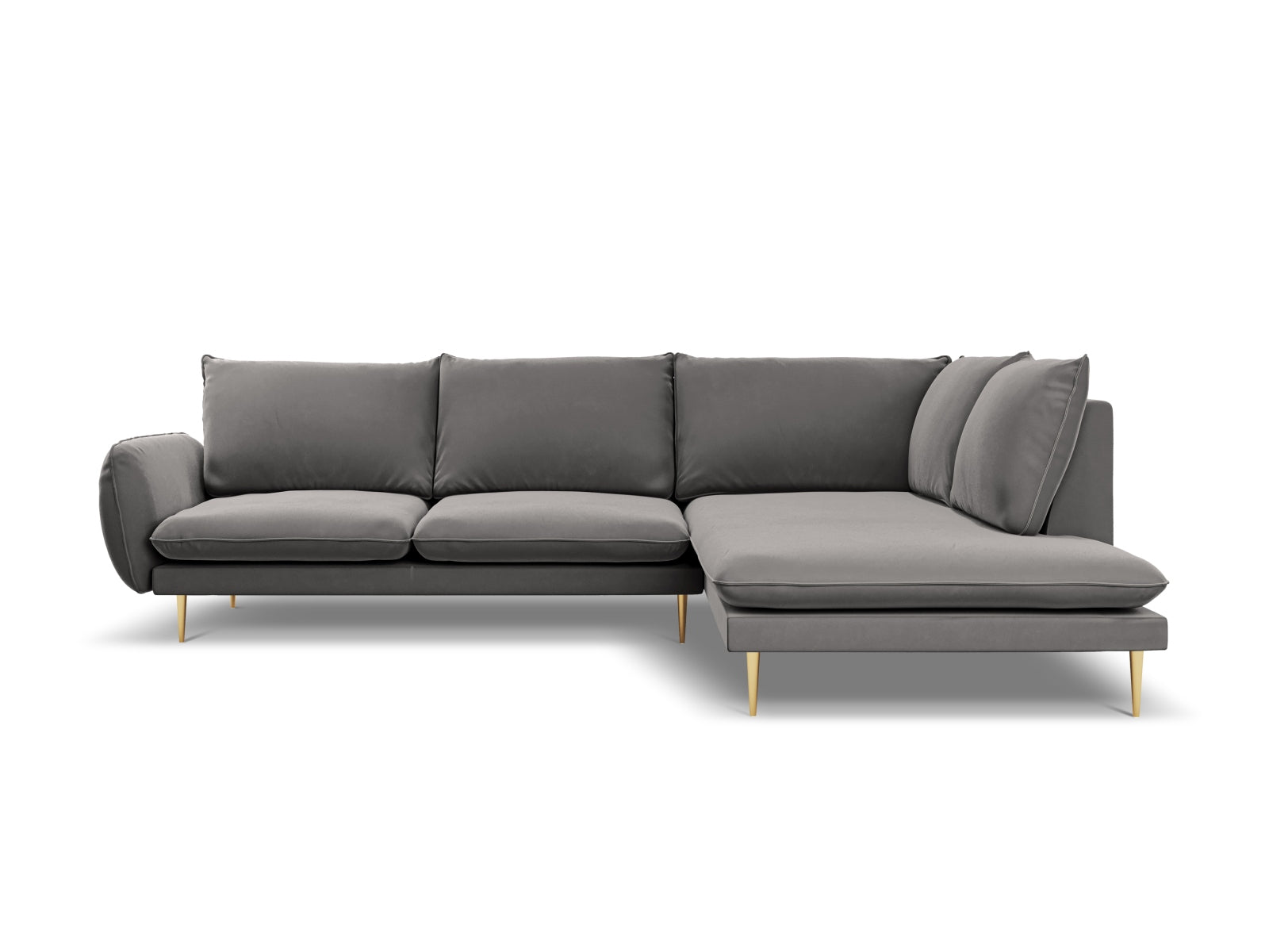Modernes Ecksofa Vienna in Velours, rechte Ausführung, 6-Sitzer, 185 cm, in hellem Grau mit luxuriösen goldenen Details, perfekt für Ihr Zuhause.