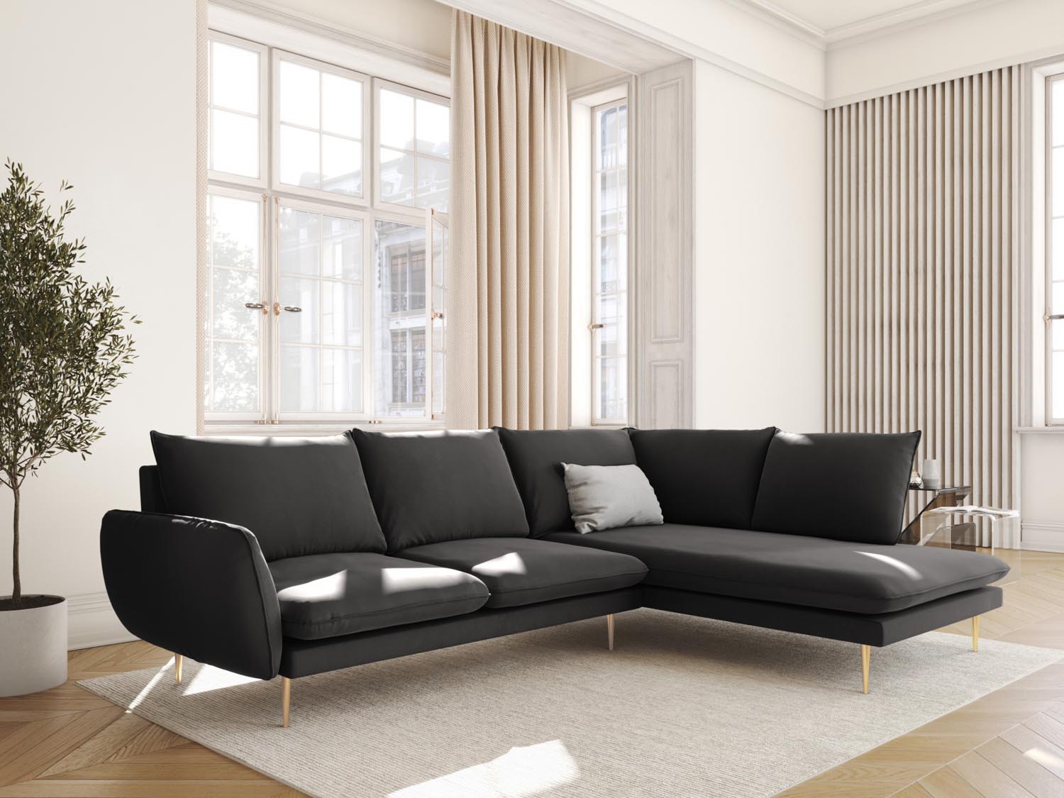 Elegantes Vienna Velour Ecksofa in Dunkelgrau mit goldenen Akzenten, ideal für stilvolle Wohnräume. 6-Sitzer, 185 cm, von Cosmopolitan Design.