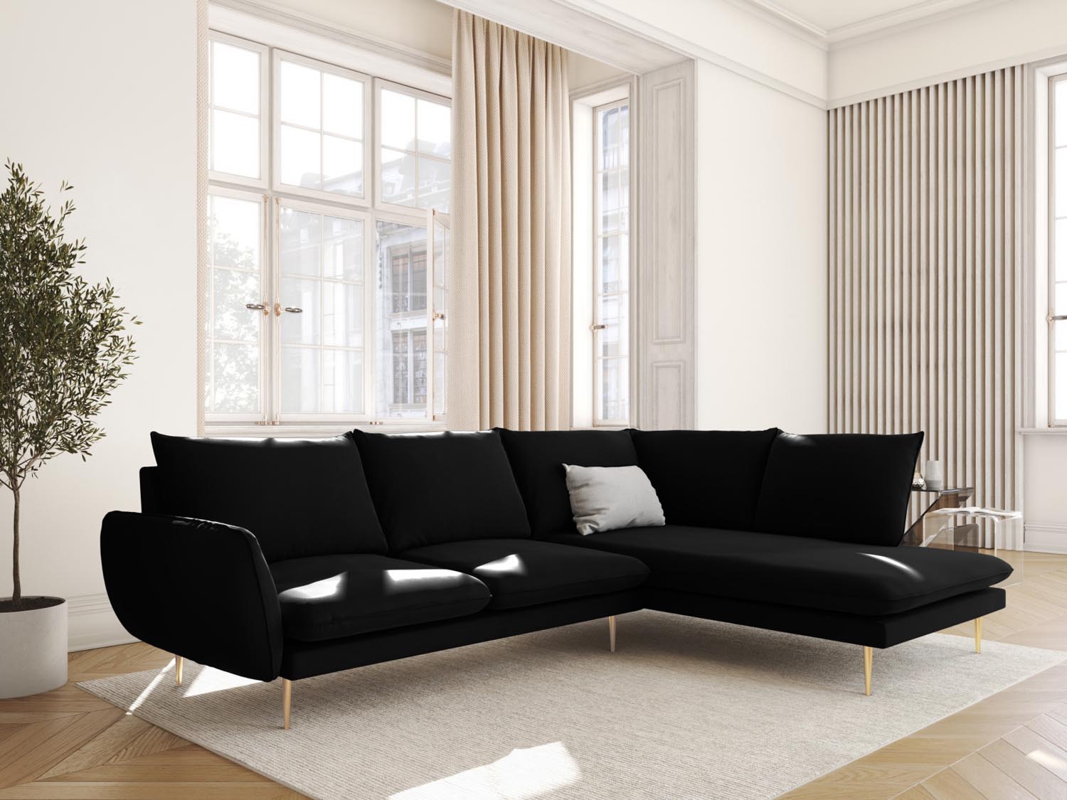 Elegantes Vienna Velour Ecksofa in Schwarz und Gold-Bluvel, ideal für stilvolle Wohnräume. Komfortables 6-Sitzer-Design mit 185 cm.