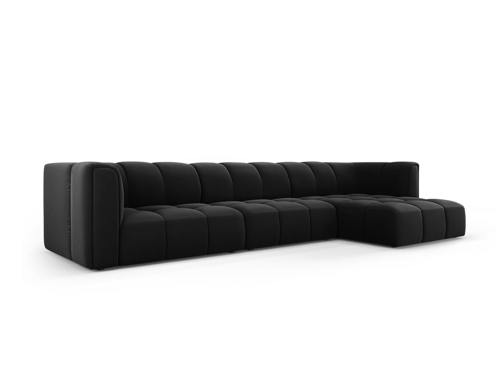 Elegantes 5-Sitzer Ecksofa Moritz in stilvollem Black-Bluvel, ideal für moderne Wohnräume, präsentiert von Cosmopolitan Design.