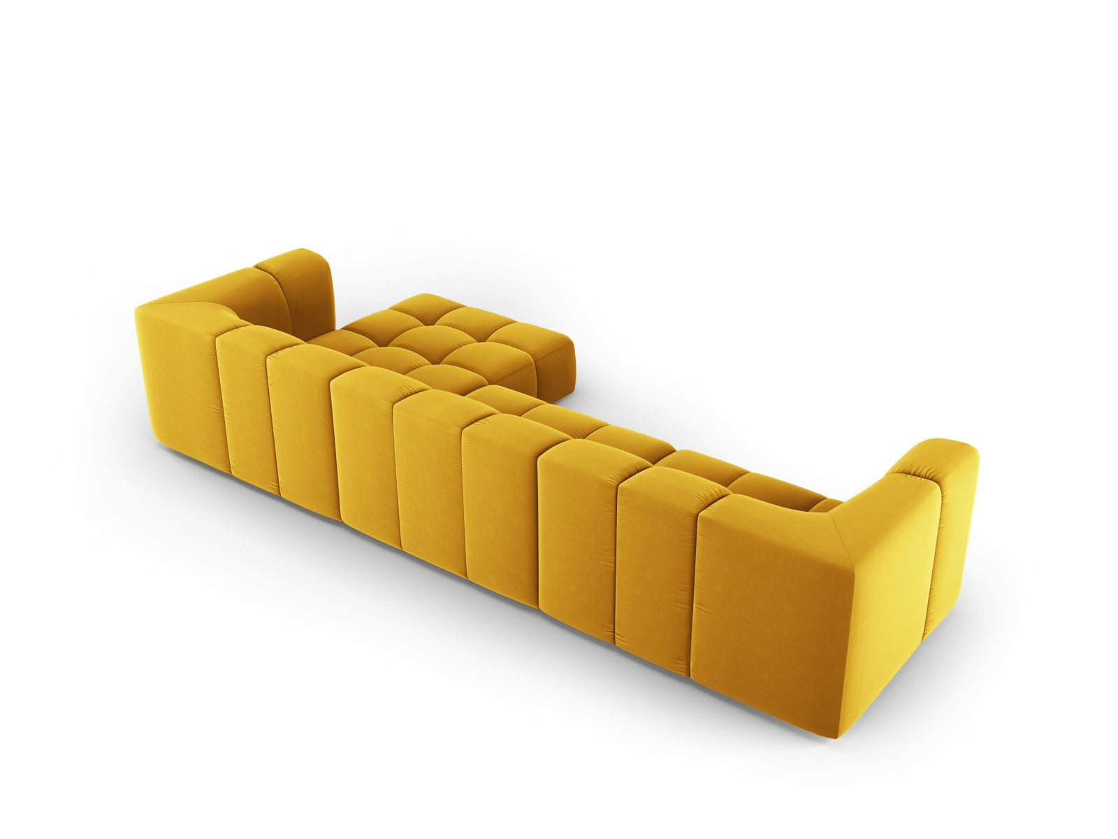 Elegantes 5-Sitzer Ecksofa Moritz in trendigem Gelb-Bluvel, perfekt für stilvolle Wohnzimmer, erhältlich bei Cosmopolitan Design.