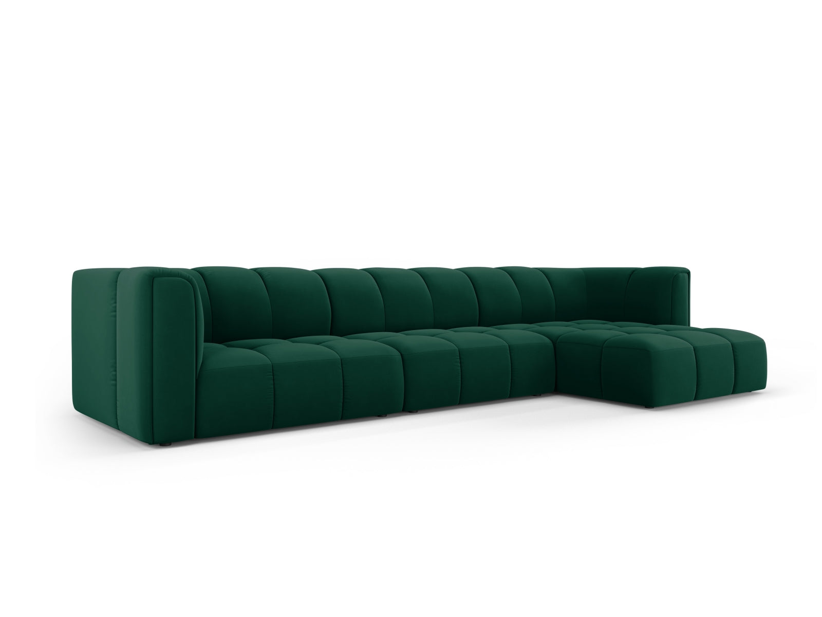 Elegantes 5-Sitzer Ecksofa Moritz in Bottle Green-Bluvel, ideal für stilvolle Wohnräume, präsentiert von Cosmopolitan Design.