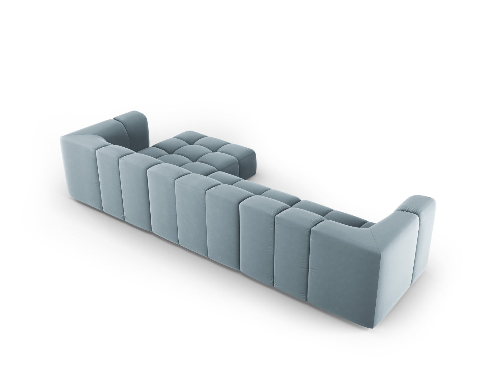 Modernes 5-Sitzer Ecksofa Moritz in zartem Hellblau, perfekt für gemütliche und stilvolle Wohnzimmer, erhältlich bei Cosmopolitan Design.