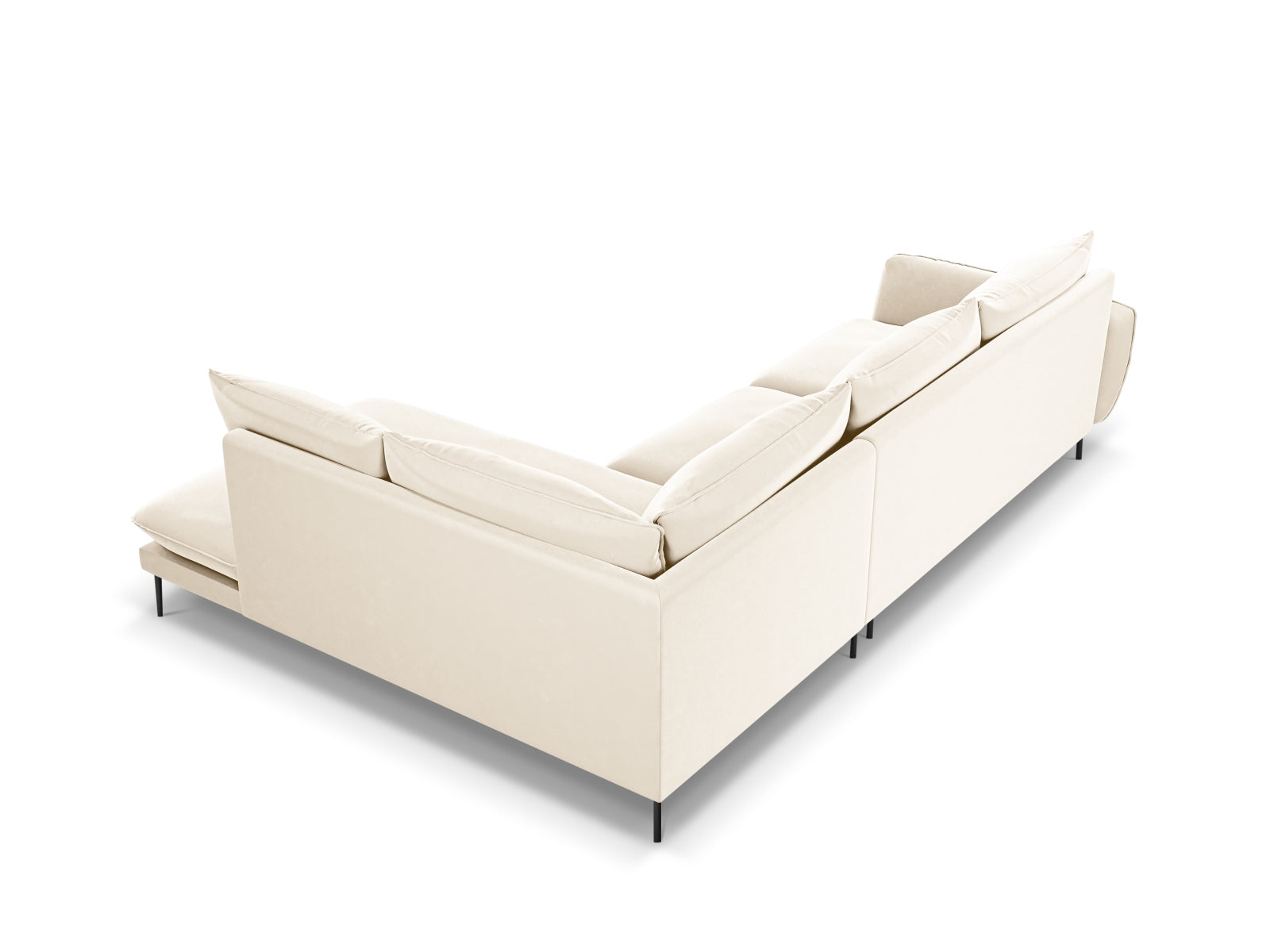 Elegantes 6-Sitzer Ecksofa in Velours, rechtsseitig, in sanften Beige- und Schwarz-Tönen, ideal für stilvolle Wohnräume.