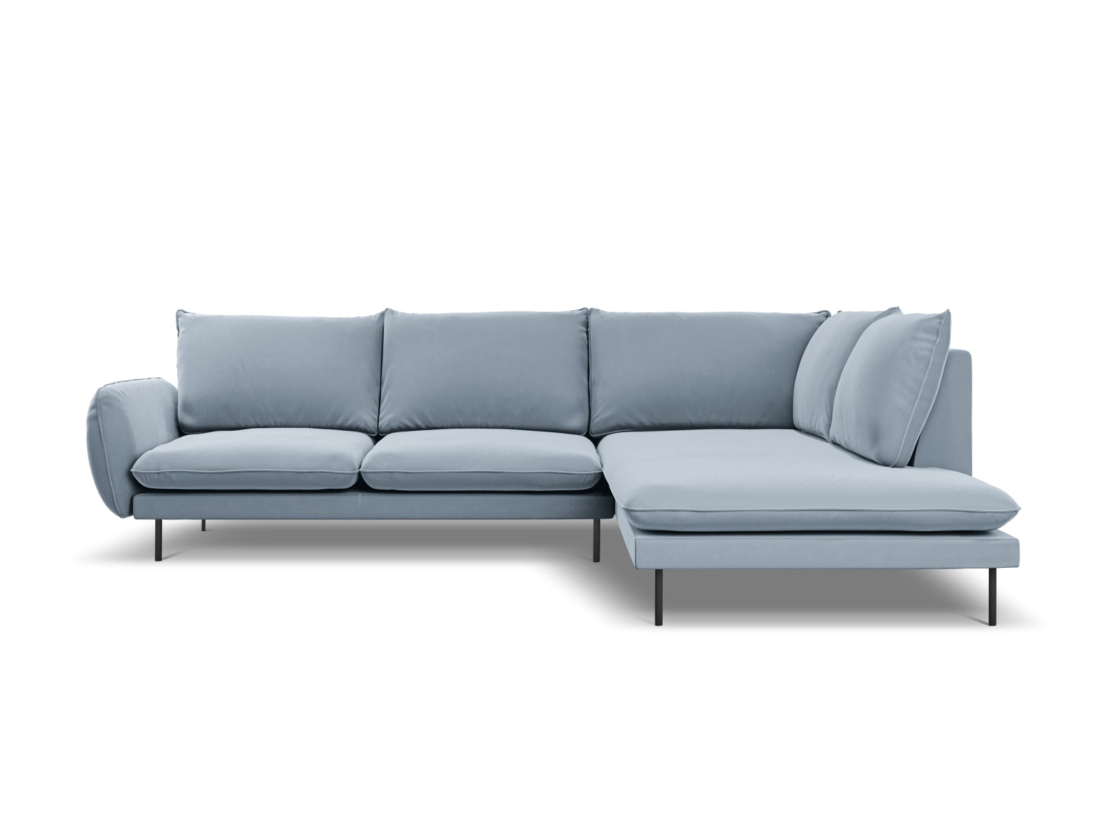 Stylisches Ecksofa Vienna in sanftem Hellblau mit schwarzem Bluvel, perfekt für moderne Wohnzimmer. 6-Sitzer, 185 cm, von Cosmopolitan Design.