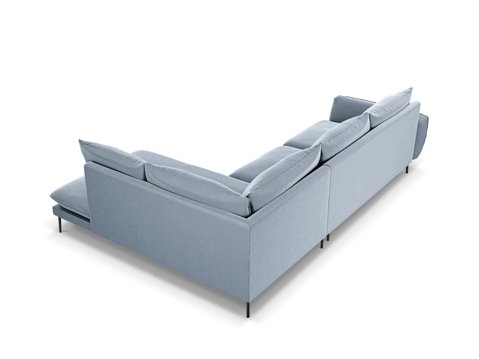 Elegantes 6-Sitzer Ecksofa Vienna in zartem Hellblau mit schwarzem Bluvel, ideal für stilvolle Wohnräume. Maße: 185 cm.