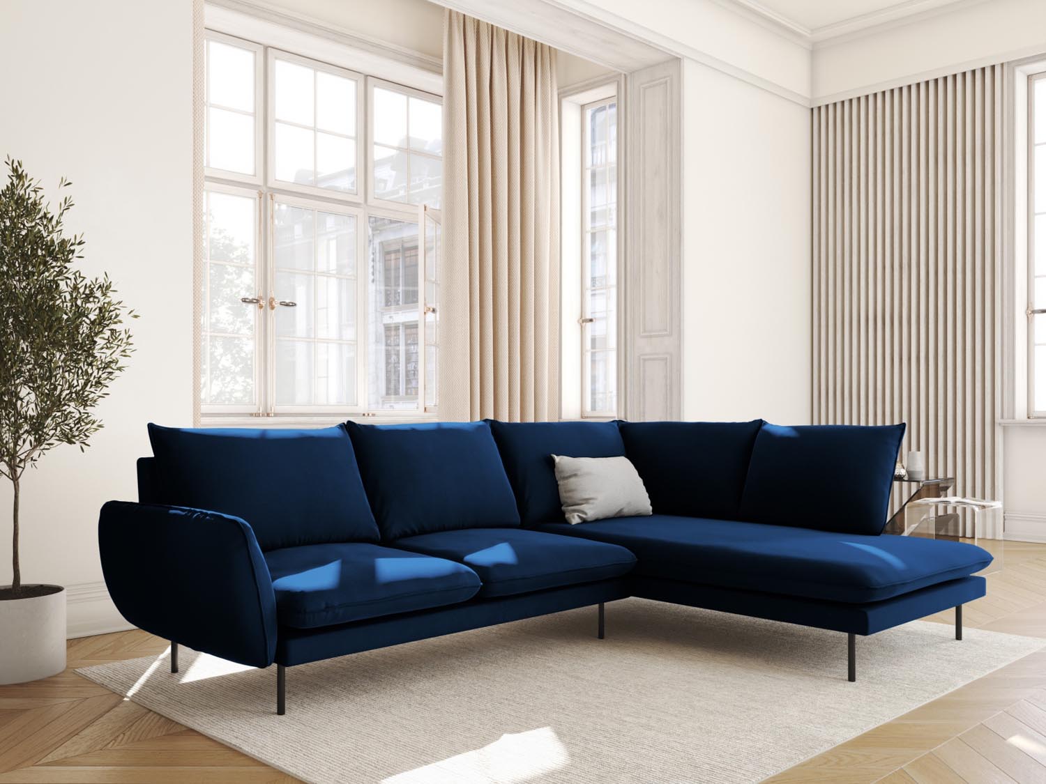 Elegantes Vienna Velour Ecksofa in Royal Blue mit 6 Sitzplätzen, ideal für stilvolle Wohnräume, präsentiert von Cosmopolitan Design.