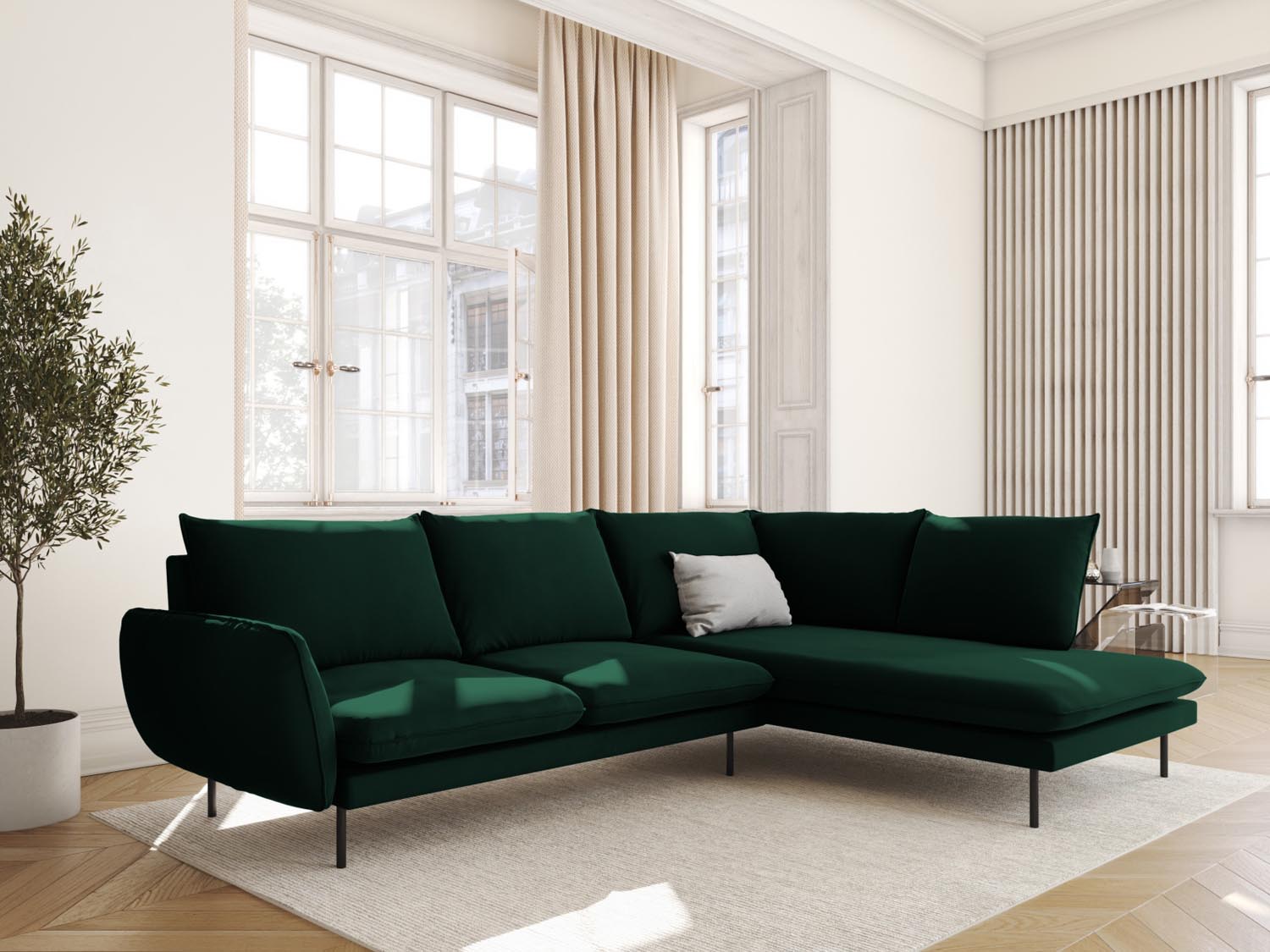 Elegantes Vienna Velour Ecksofa in Bottle Green, 6-Sitzer, 185 cm, ideal für stilvolle Wohnräume, präsentiert von Cosmopolitan Design.