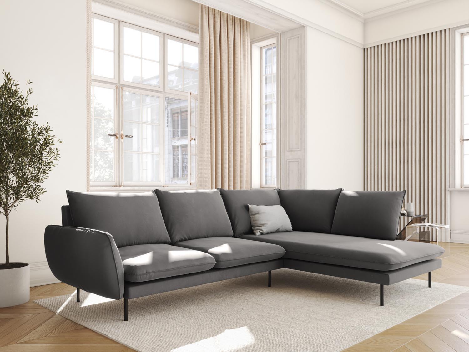 Elegantes Vienna Velour Ecksofa in Light Grey/Schwarz-Bluvel, ideal für stilvolle Wohnräume. Komfortables 6-Sitzer-Design von Cosmopolitan Design.