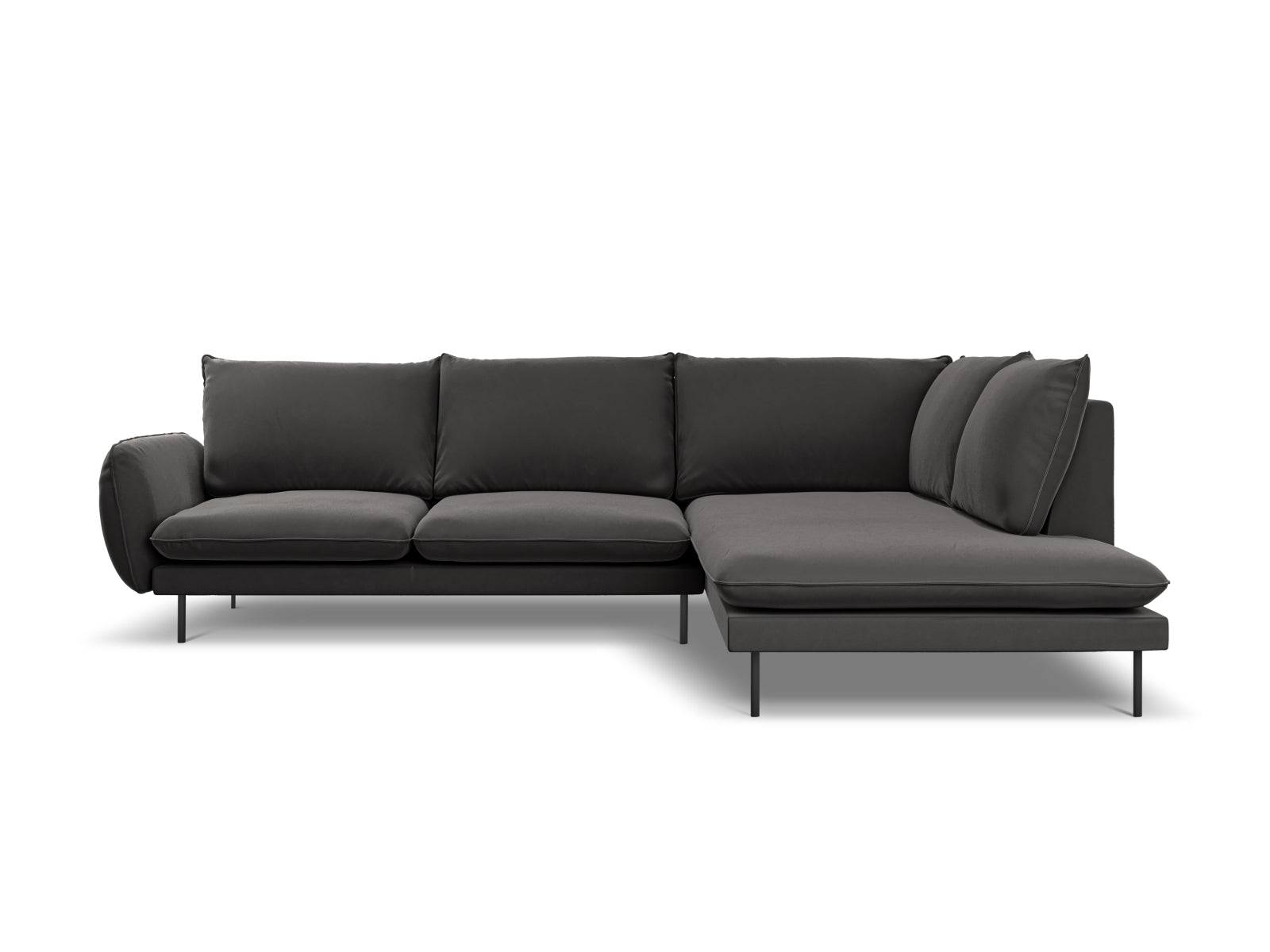 Modernes, dunkelgraues Ecksofa mit Velourbezug, 6-Sitzer, 185 cm, perfekt für gemütliche und stilvolle Wohnambiente von Cosmopolitan Design.