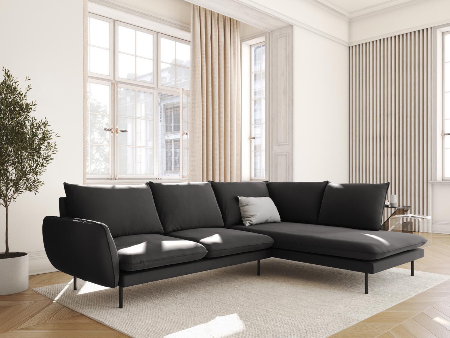Elegantes Vienna Velour Ecksofa in Dunkelgrau, 6-Sitzer, 185 cm, ideal für stilvolle Wohnräume, präsentiert von Cosmopolitan Design.