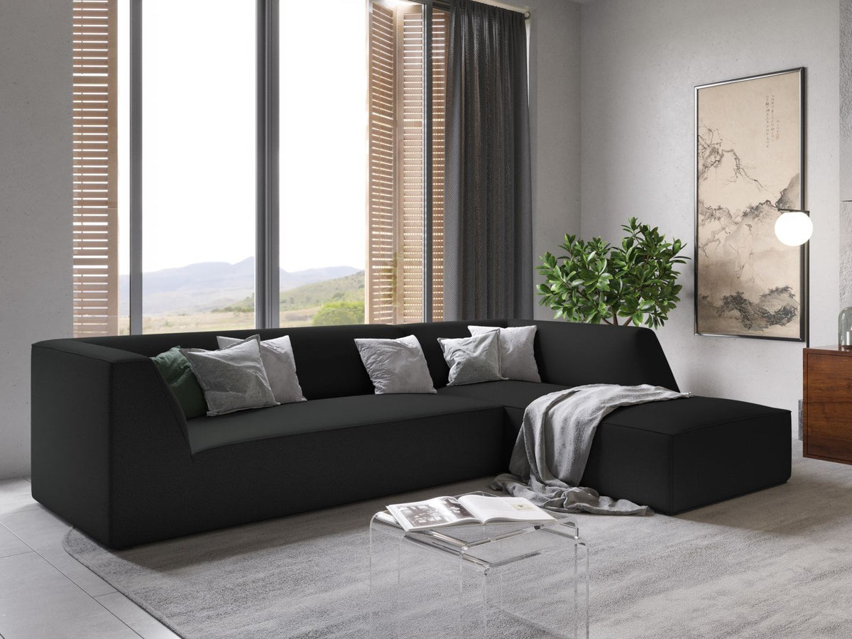 Modulares Ecksofa Siena in Light Grey-Ottawa mit Récamiere, Massivholzrahmen und schwarzen Kunststoffbeinen, 4-Sitzer, Breite 273 cm.