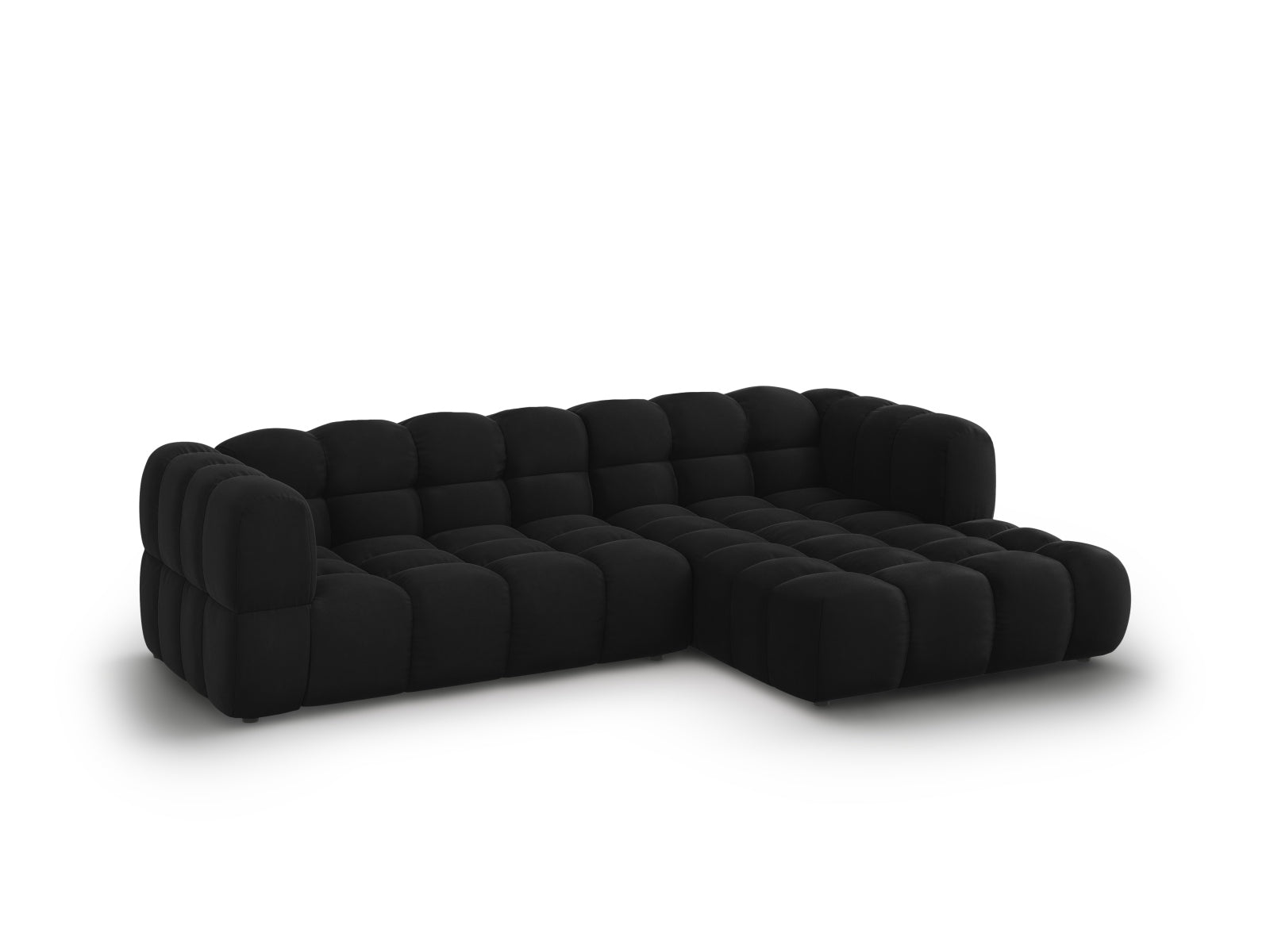 Elegantes modulares Ecksofa Sky Velour in stilvollem Schwarz, 4-Sitzer, rechte Variante, ideal für zeitgemäße Wohnräume von Cosmopolitan Design.