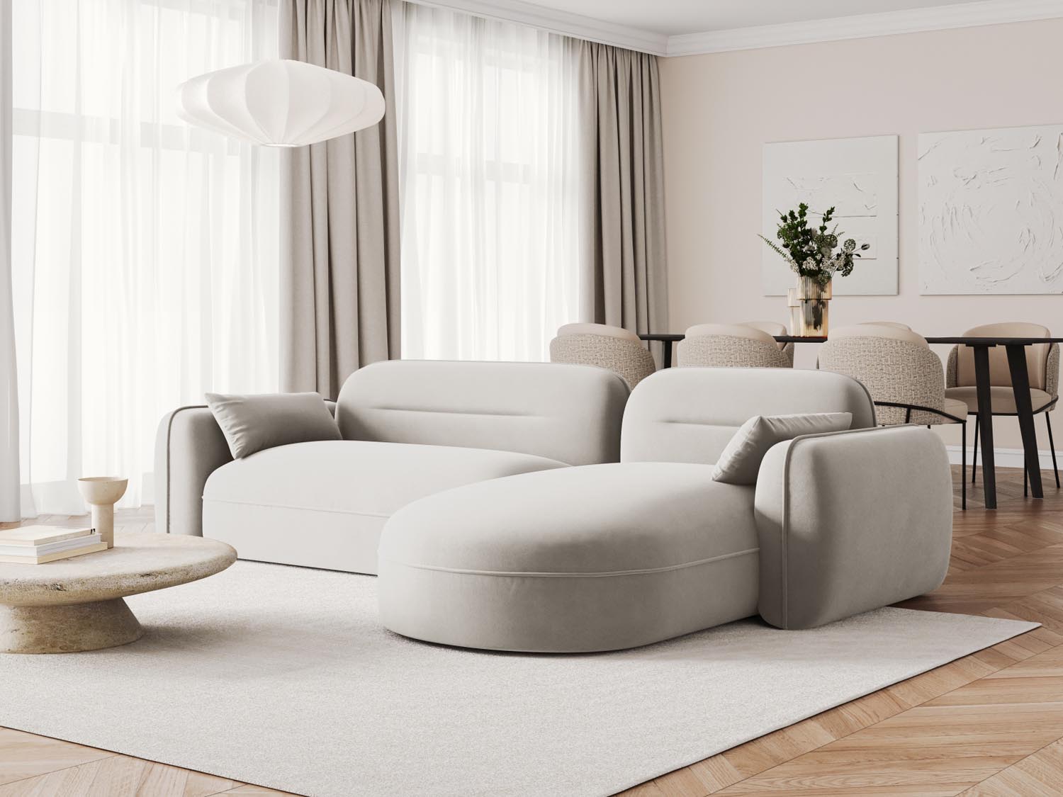 Stylisches Sydney Velour Ecksofa in sanftem Beige, ideal für zeitgemäße Interiors. Bietet viel Platz und hohen Sitzkomfort für gesellige Abende.