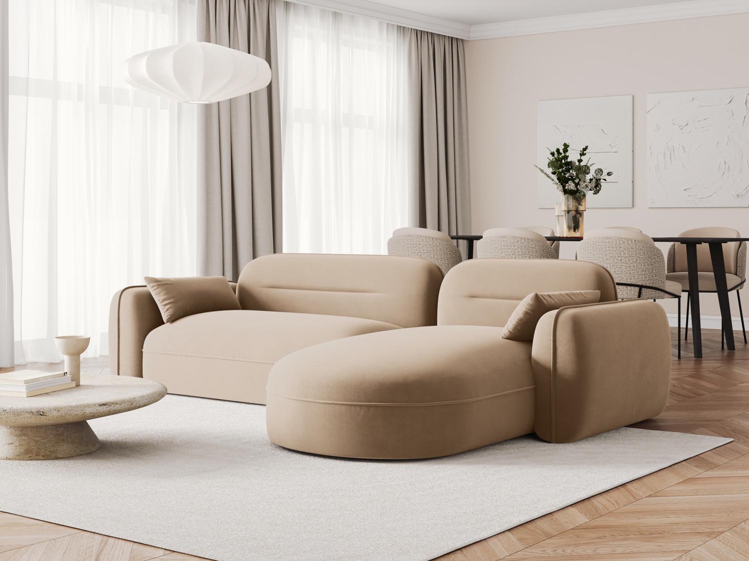 Stylisches Sydney Velour Ecksofa rechts, 4-Sitzer, bietet eine harmonische Kombination aus Komfort und zeitgemäßem Design für Ihr Wohnambiente.
