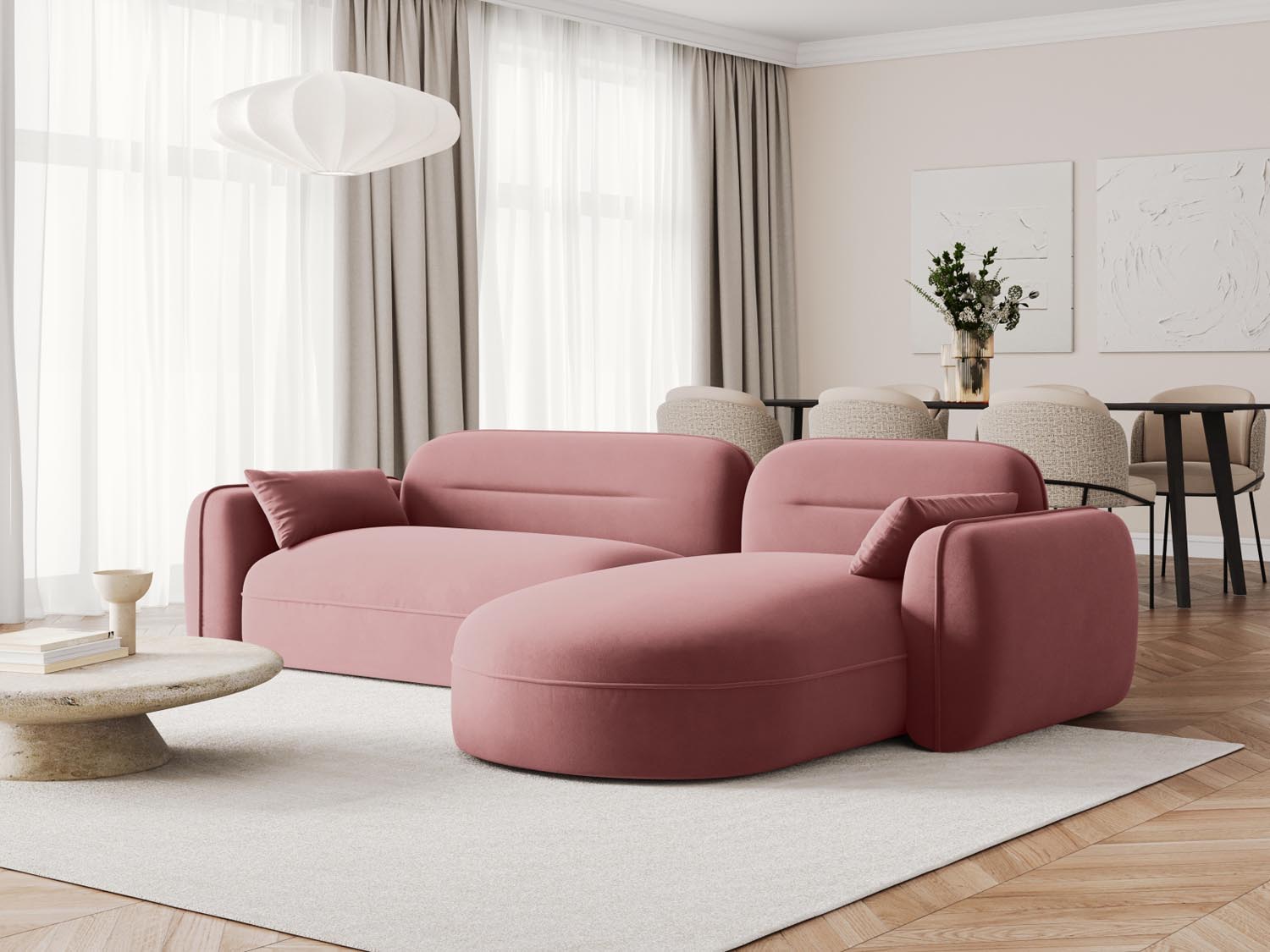 Modulares Ecksofa Sydney in zartem Flamingo, 4-Sitzer, ideal für moderne Wohnräume mit einem Hauch von Eleganz und Komfort.