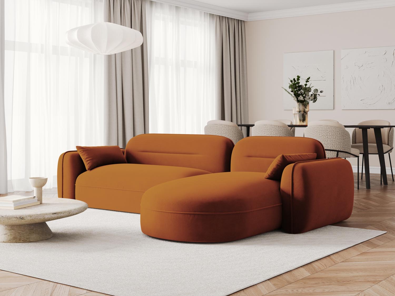 Modulares Ecksofa Sydney in sanftem Terracotta-Velours, perfekt für entspannte Stunden und modernes Wohndesign.