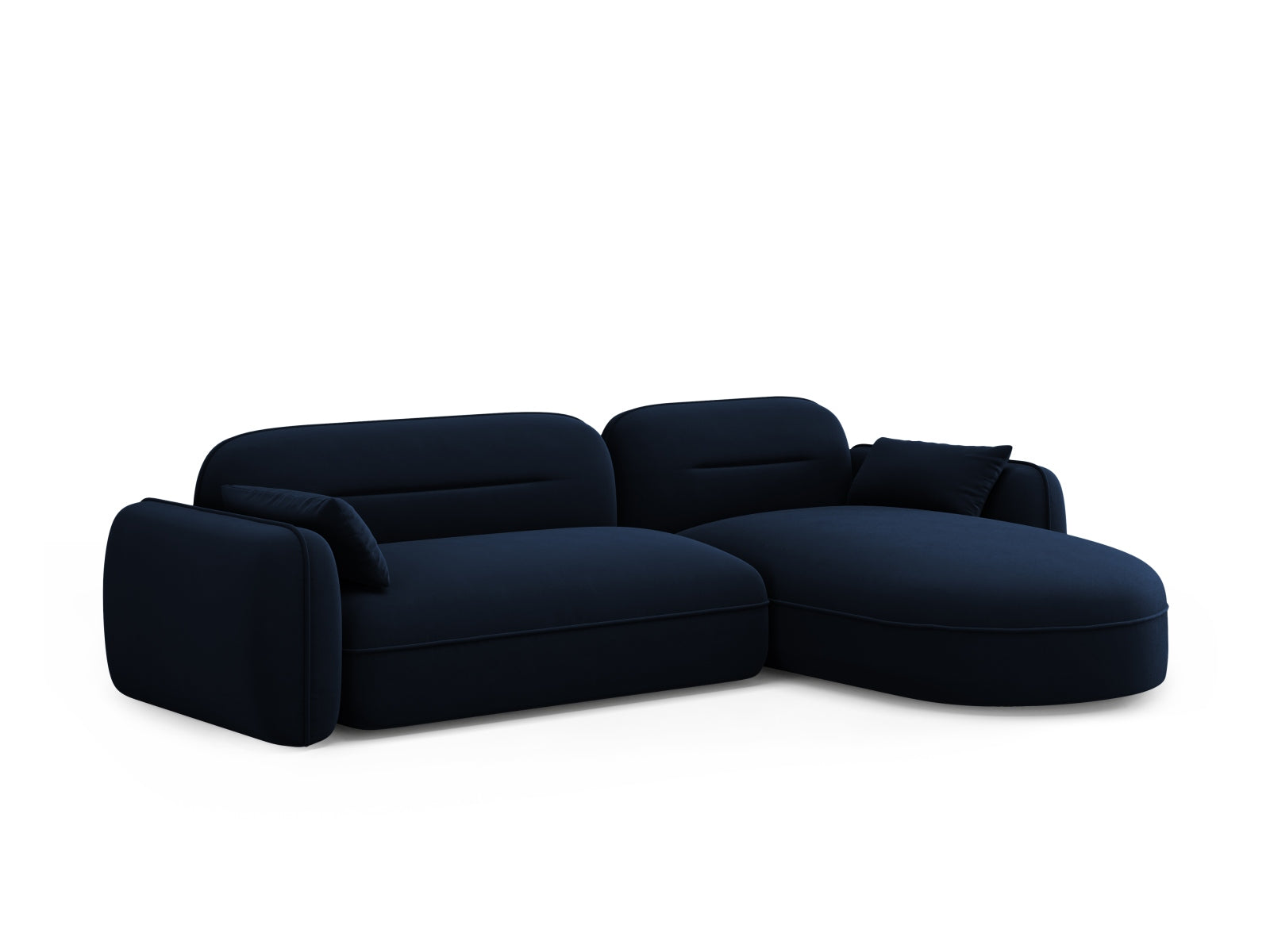 Elegantes, modulares Ecksofa Sydney in royalblauem Velours, ideal für vier Personen, vereint Stil und Komfort für jeden Wohnraum.