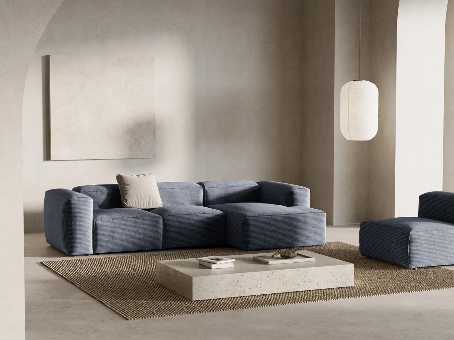 Bergamo Modular Ecksofa rechts 3 Sitzer in Muted Blue-Perla präsentiert im Onlineshop von KAQTU Design AG. Ecksofa rechts ist von Cosmopolitan Design