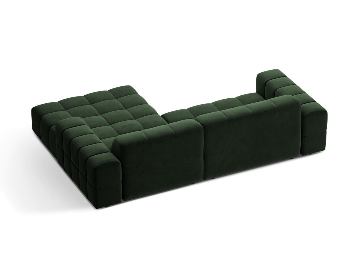 Chicago Samt-Ecksofa rechts 3-Sitzer in Light Beige-Venus mit Récamiere, Massivholzrahmen, schwarzen Kunststoffbeinen und plüschigem Samtbezug.