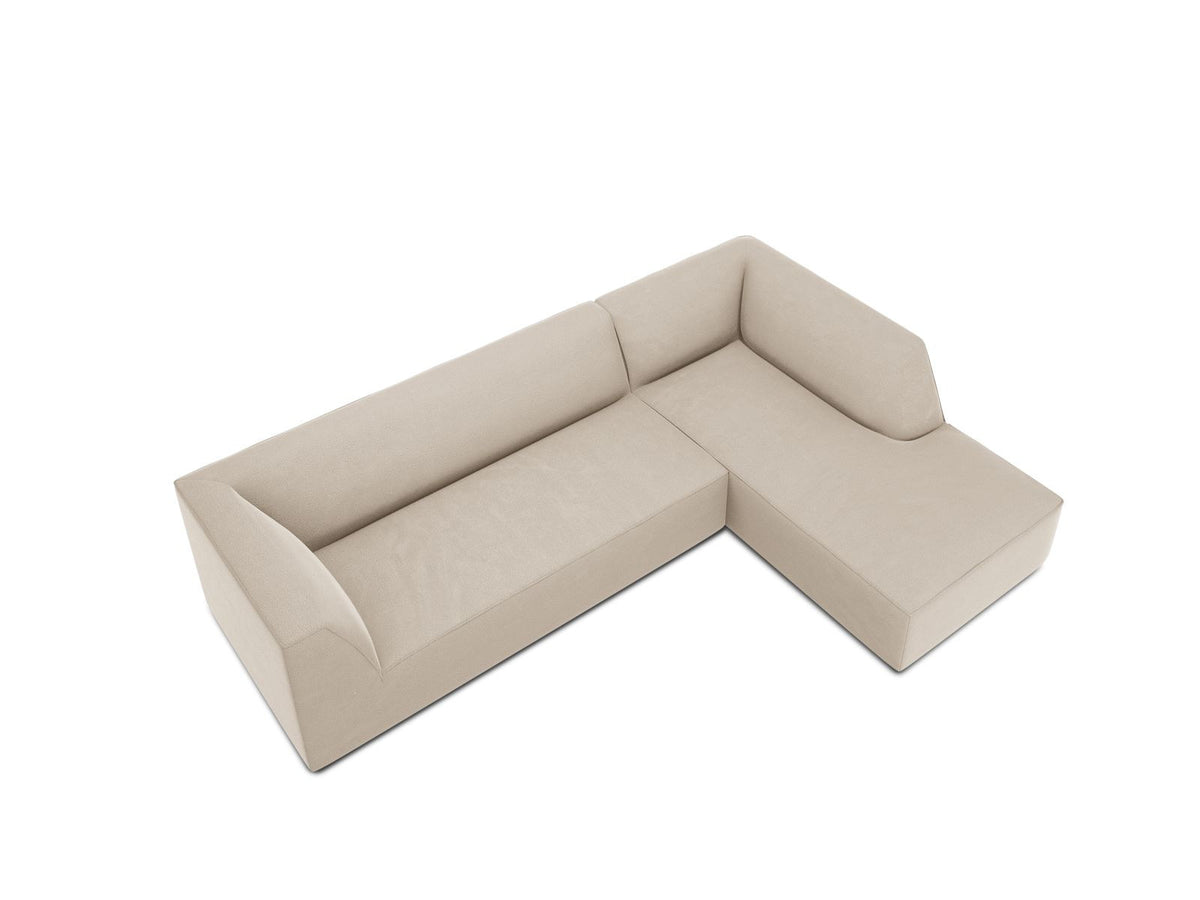 Modulares Ecksofa rechts Siena in Beige-Salvador Samtstoff mit schwarzen Kunststoffbeinen, Récamiere und Massivholzrahmen, 4-Sitzer, 180 cm.