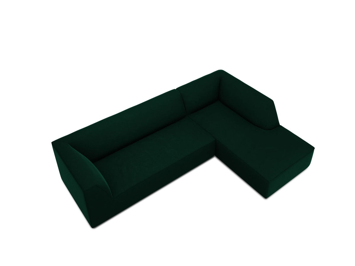 Modulares Ecksofa rechts Siena in Beige-Salvador Samtstoff mit schwarzen Kunststoffbeinen, Récamiere und Massivholzrahmen, 4-Sitzer, 180 cm.