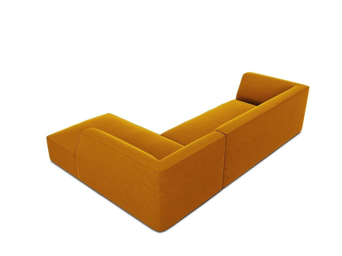 Modulares Ecksofa rechts Siena in Beige-Salvador Samtstoff mit schwarzen Kunststoffbeinen, Récamiere und Massivholzrahmen, 4-Sitzer, 180 cm.