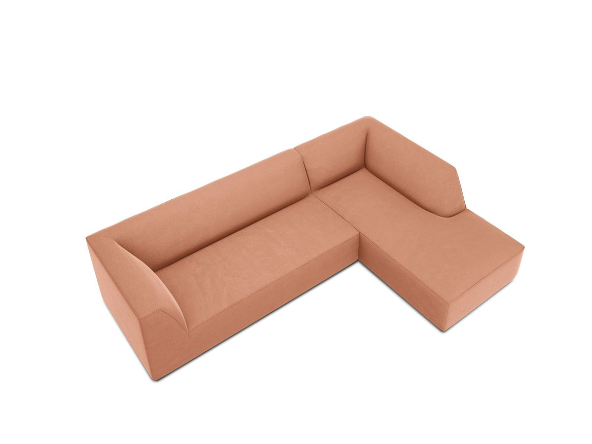 Modulares Ecksofa rechts Siena in Beige-Salvador Samtstoff mit schwarzen Kunststoffbeinen, Récamiere und Massivholzrahmen, 4-Sitzer, 180 cm.