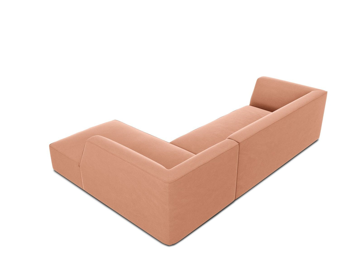Modulares Ecksofa rechts Siena in Beige-Salvador Samtstoff mit schwarzen Kunststoffbeinen, Récamiere und Massivholzrahmen, 4-Sitzer, 180 cm.