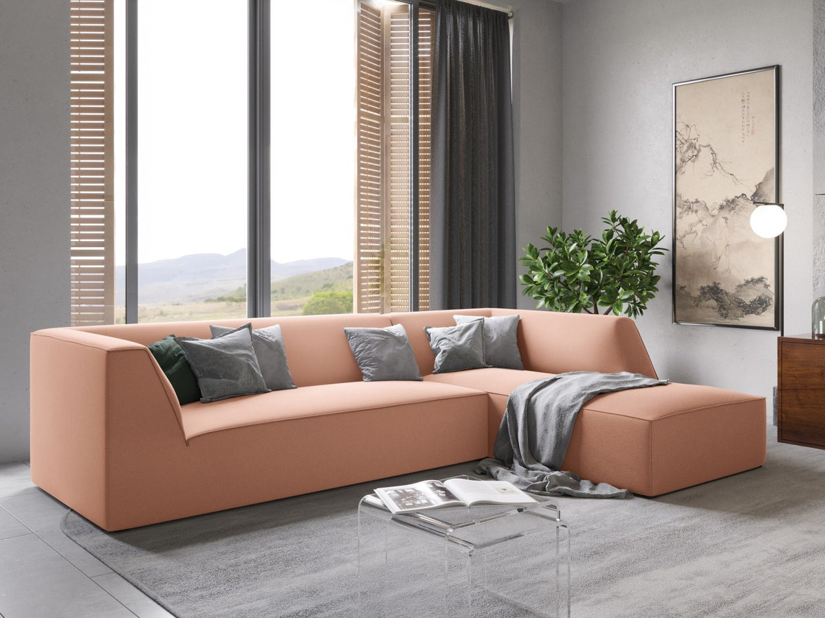 Modulares Ecksofa rechts Siena in Beige-Salvador Samtstoff mit schwarzen Kunststoffbeinen, Récamiere und Massivholzrahmen, 4-Sitzer, 180 cm.