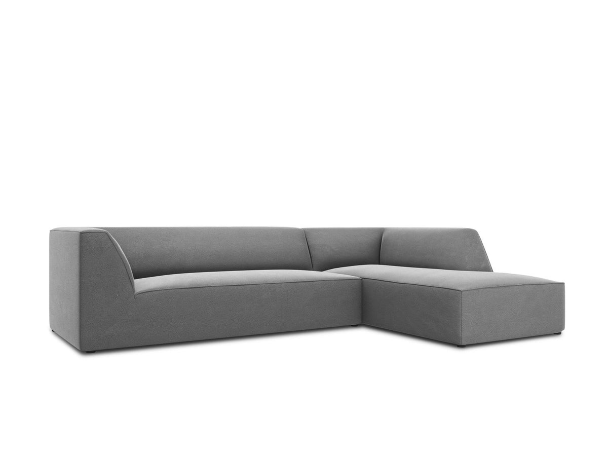 Modulares Ecksofa rechts Siena in Beige-Salvador Samtstoff mit schwarzen Kunststoffbeinen, Récamiere und Massivholzrahmen, 4-Sitzer, 180 cm.