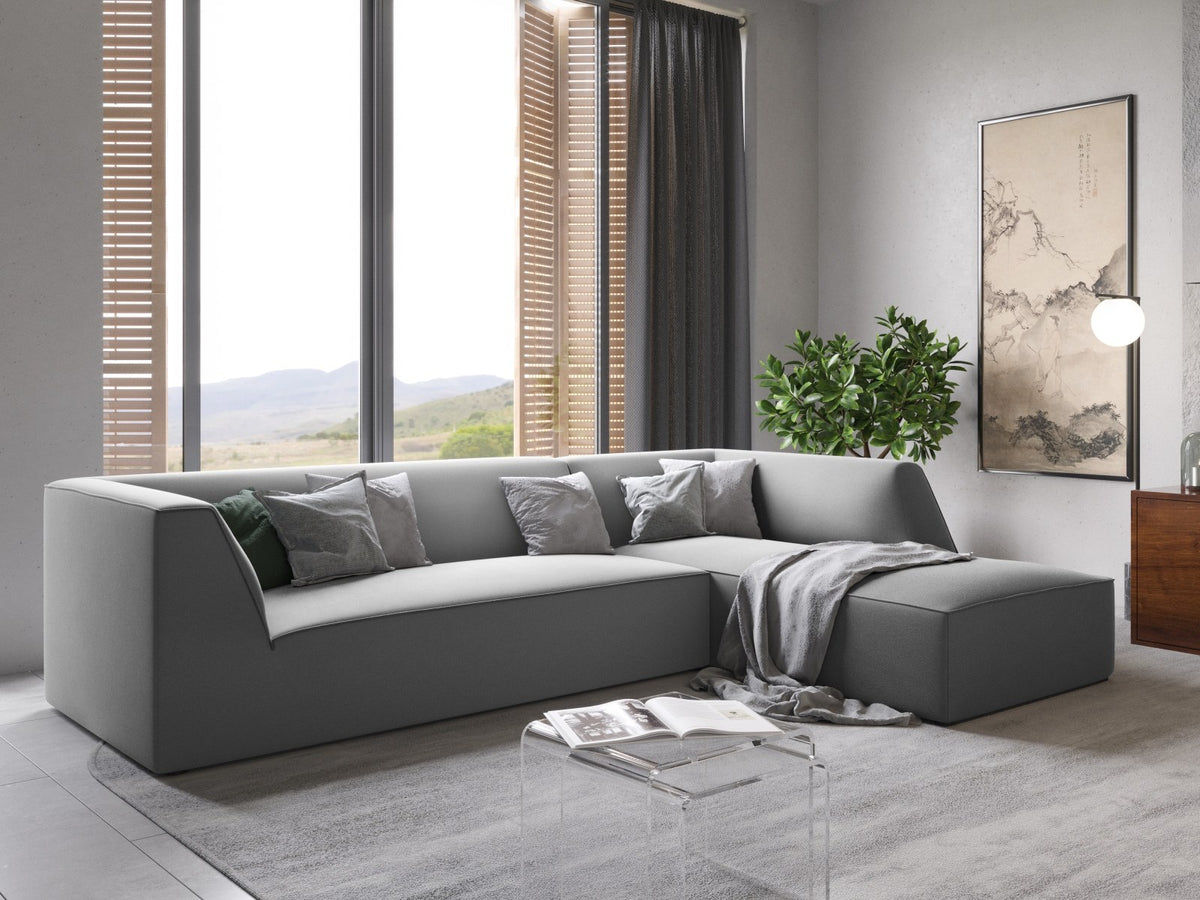 Modulares Ecksofa rechts Siena in Beige-Salvador Samtstoff mit schwarzen Kunststoffbeinen, Récamiere und Massivholzrahmen, 4-Sitzer, 180 cm.