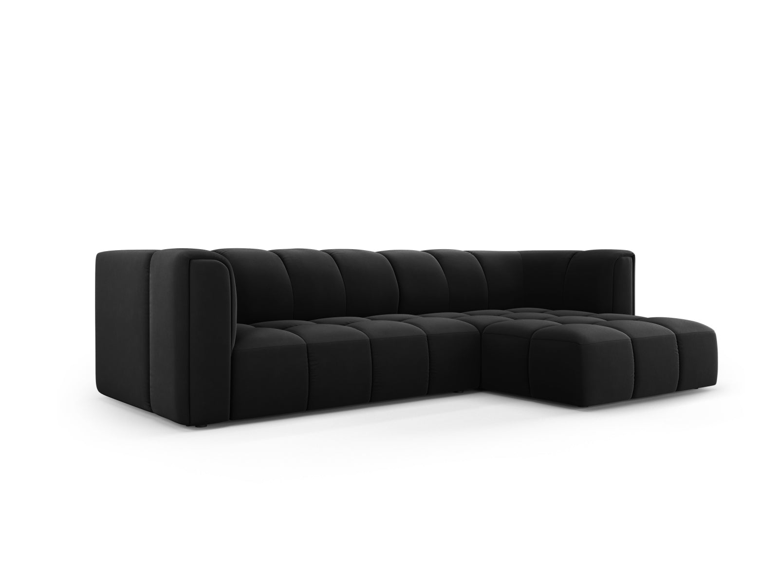 Elegantes 3-Sitzer Ecksofa Moritz in Black-Bluvel, ideal für moderne Wohnräume, mit modularer Bauweise für flexible Gestaltung.