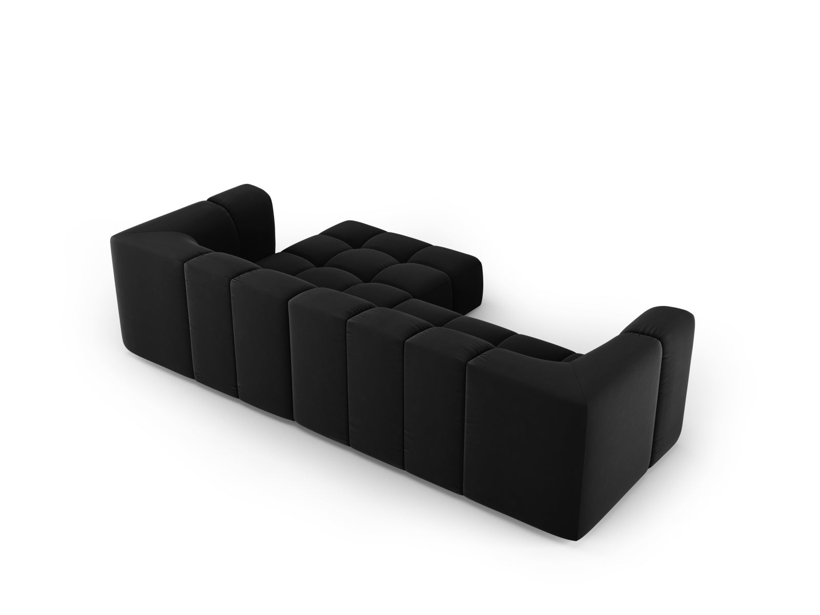 Modulares 3-Sitzer Ecksofa Moritz in stilvollem Black-Bluvel, perfekt für zeitgemäße Interiors, bietet vielseitige Anordnungsmöglichkeiten.