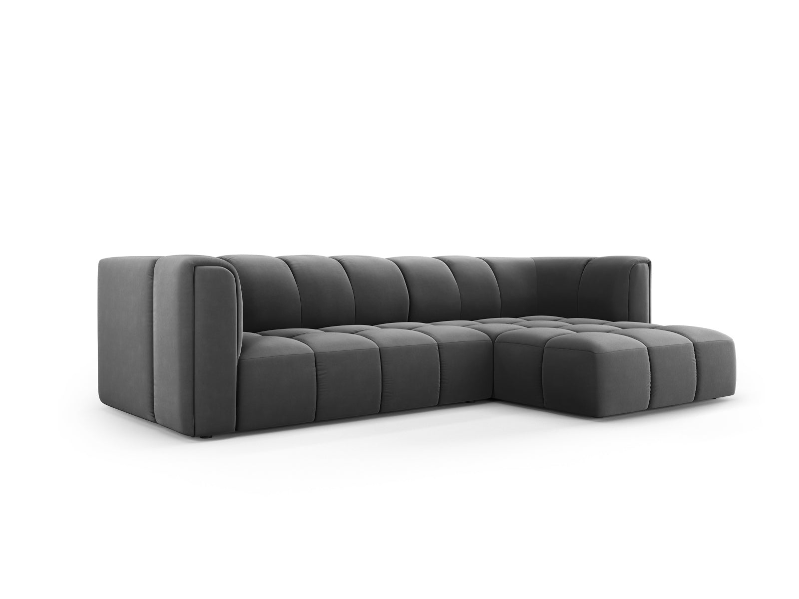 Elegantes 3-Sitzer Ecksofa Moritz in Grau-Bluvel, ideal für moderne Wohnräume, bietet Komfort und Stil für Ihr Zuhause.