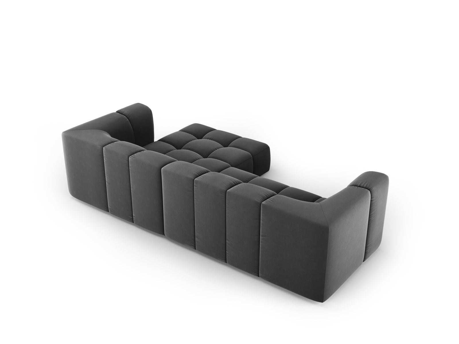 Modulares 3-Sitzer Ecksofa Moritz in stilvollem Grau-Bluvel, perfekt für zeitgemäße Wohnkonzepte und gemütliche Entspannung.