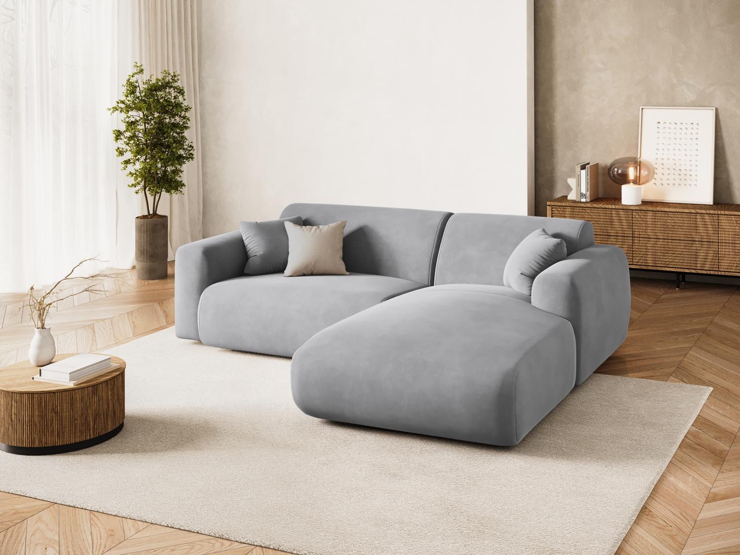 Entdecken Sie das stilvolle Nolio Velour Ecksofa rechts von Cosmopolitan Design. Dieses 4-Sitzer Sofa (170 cm) vereint Komfort und zeitgemässes Design.